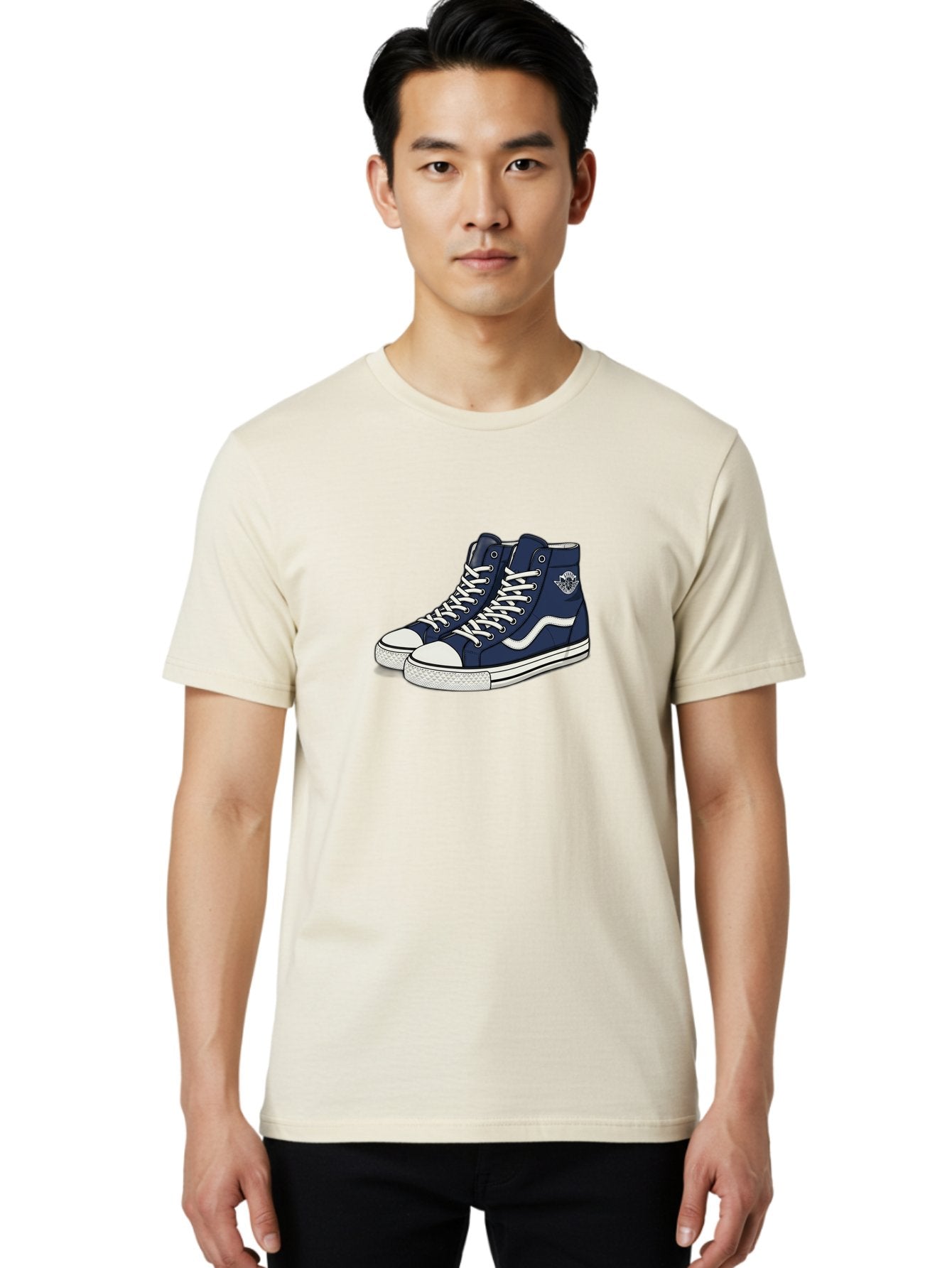 Navy-Blue-High-Top-Sneakers Men'S Graphic Tee, 100% Cotton, Comfortable Casual Summer Wear, Machine Washable, Navy Blue Sneakers, High-Top Shoes, White Laces, White Soles, Athletic Footwear, Casual Wear, Sports Shoes, Comfortable Shoes, Bab027 25