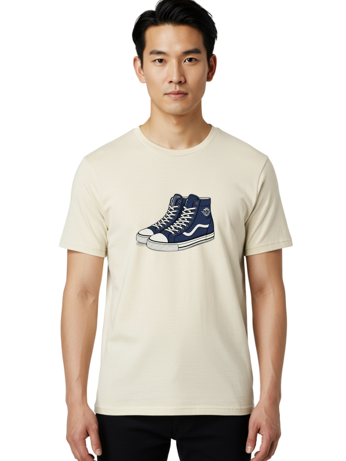 Navy-Blue-High-Top-Sneakers Men'S Graphic Tee, 100% Cotton, Comfortable Casual Summer Wear, Machine Washable, Navy Blue Sneakers, High-Top Shoes, White Laces, White Soles, Athletic Footwear, Casual Wear, Sports Shoes, Comfortable Shoes, Bab027 12