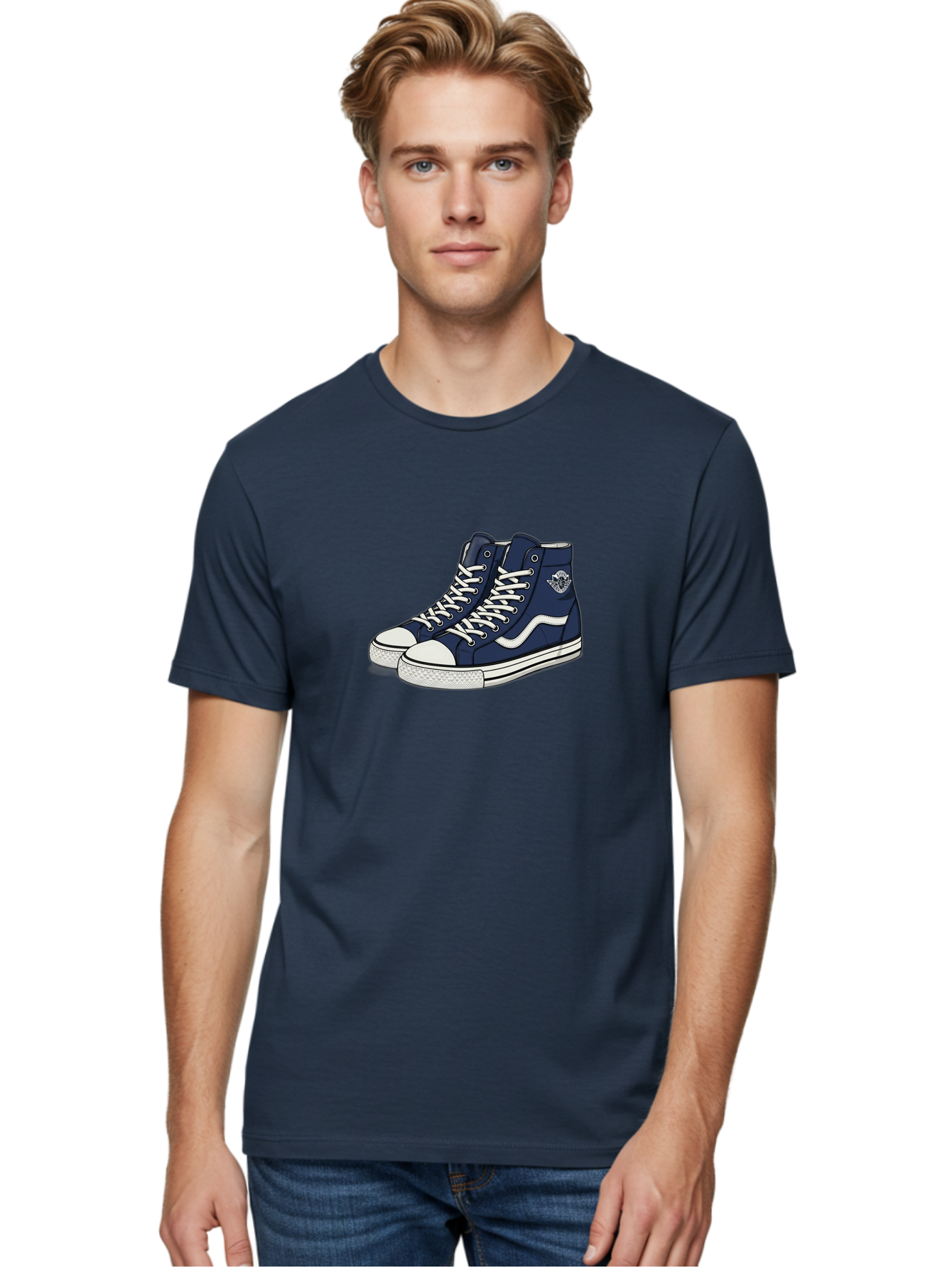 Navy-Blue-High-Top-Sneakers Men'S Graphic Tee, 100% Cotton, Comfortable Casual Summer Wear, Machine Washable, Navy Blue Sneakers, High-Top Shoes, White Laces, White Soles, Athletic Footwear, Casual Wear, Sports Shoes, Comfortable Shoes, Bab027 6