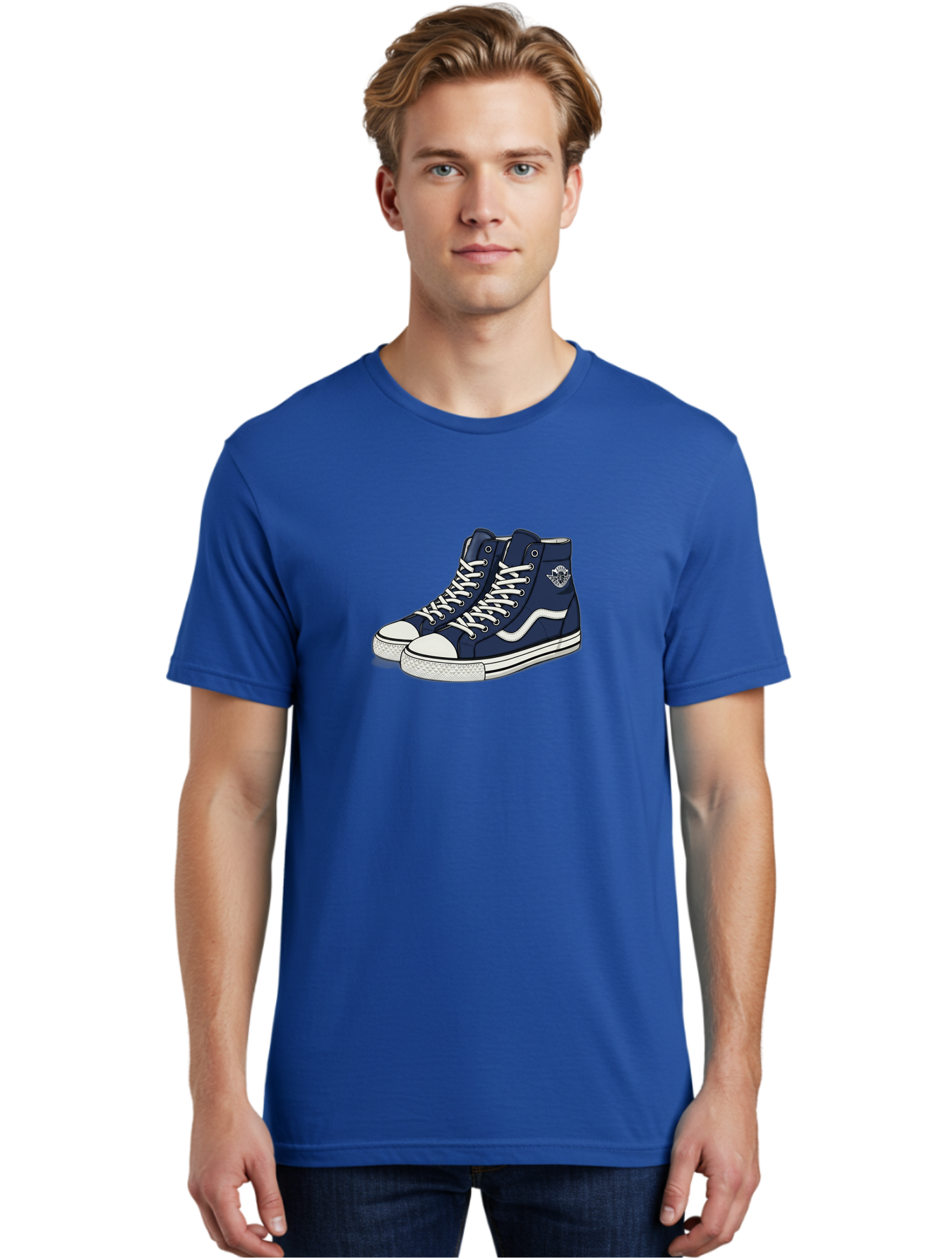 Navy-Blue-High-Top-Sneakers Men'S Graphic Tee, 100% Cotton, Comfortable Casual Summer Wear, Machine Washable, Navy Blue Sneakers, High-Top Shoes, White Laces, White Soles, Athletic Footwear, Casual Wear, Sports Shoes, Comfortable Shoes, Bab027