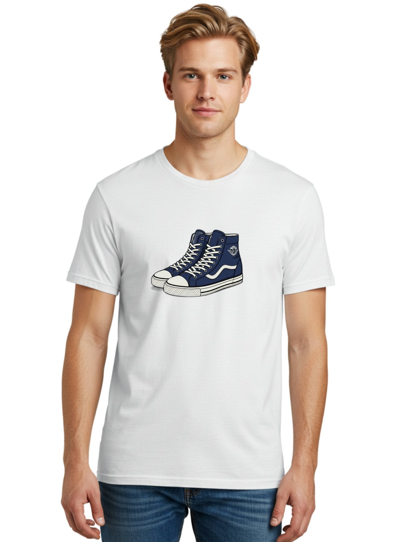 Navy-Blue-High-Top-Sneakers Men'S Graphic Tee, 100% Cotton, Comfortable Casual Summer Wear, Machine Washable, Navy Blue Sneakers, High-Top Shoes, White Laces, White Soles, Athletic Footwear, Casual Wear, Sports Shoes, Comfortable Shoes, Bab027 22