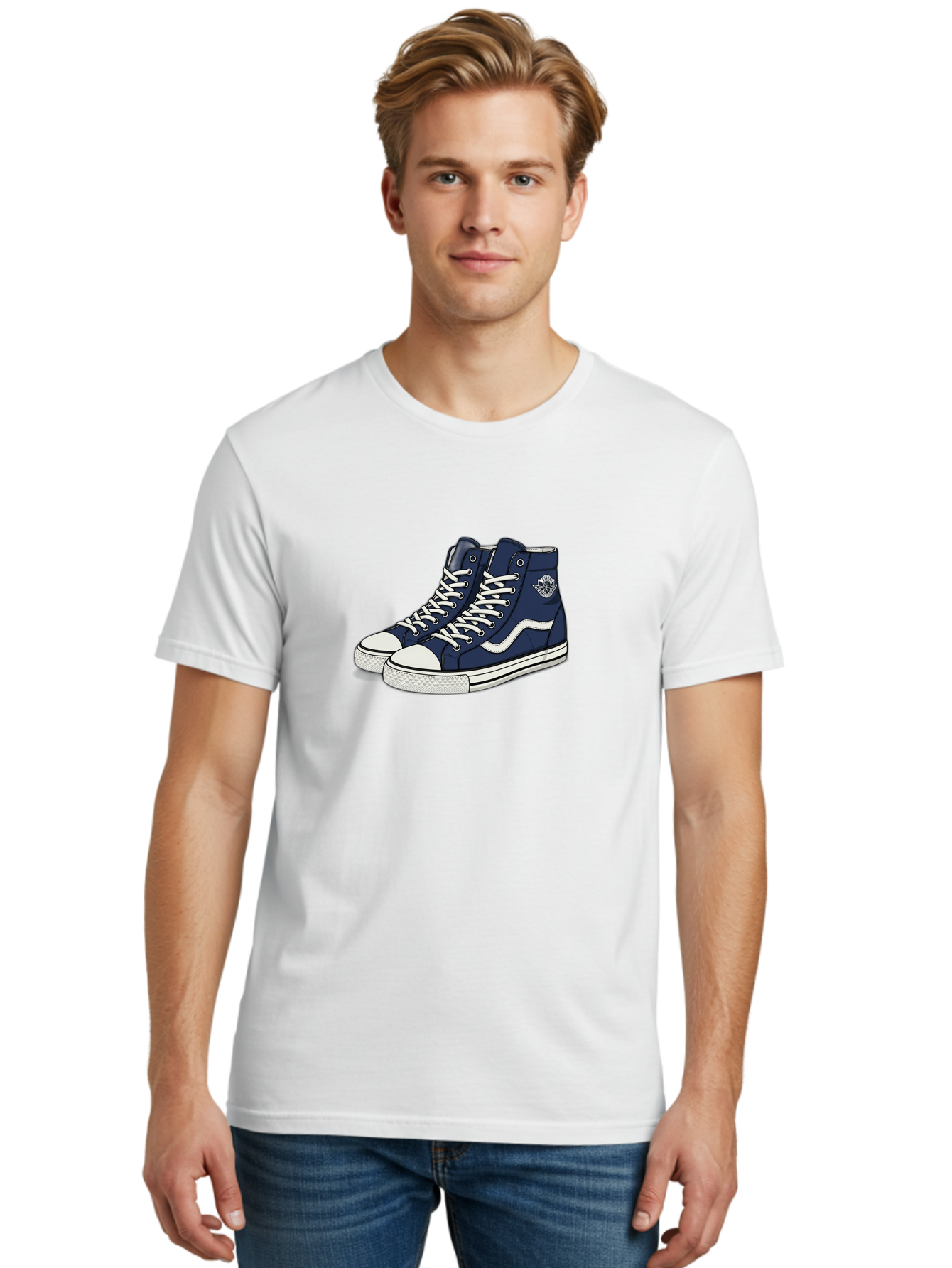 Navy-Blue-High-Top-Sneakers Men'S Graphic Tee, 100% Cotton, Comfortable Casual Summer Wear, Machine Washable, Navy Blue Sneakers, High-Top Shoes, White Laces, White Soles, Athletic Footwear, Casual Wear, Sports Shoes, Comfortable Shoes, Bab027 18