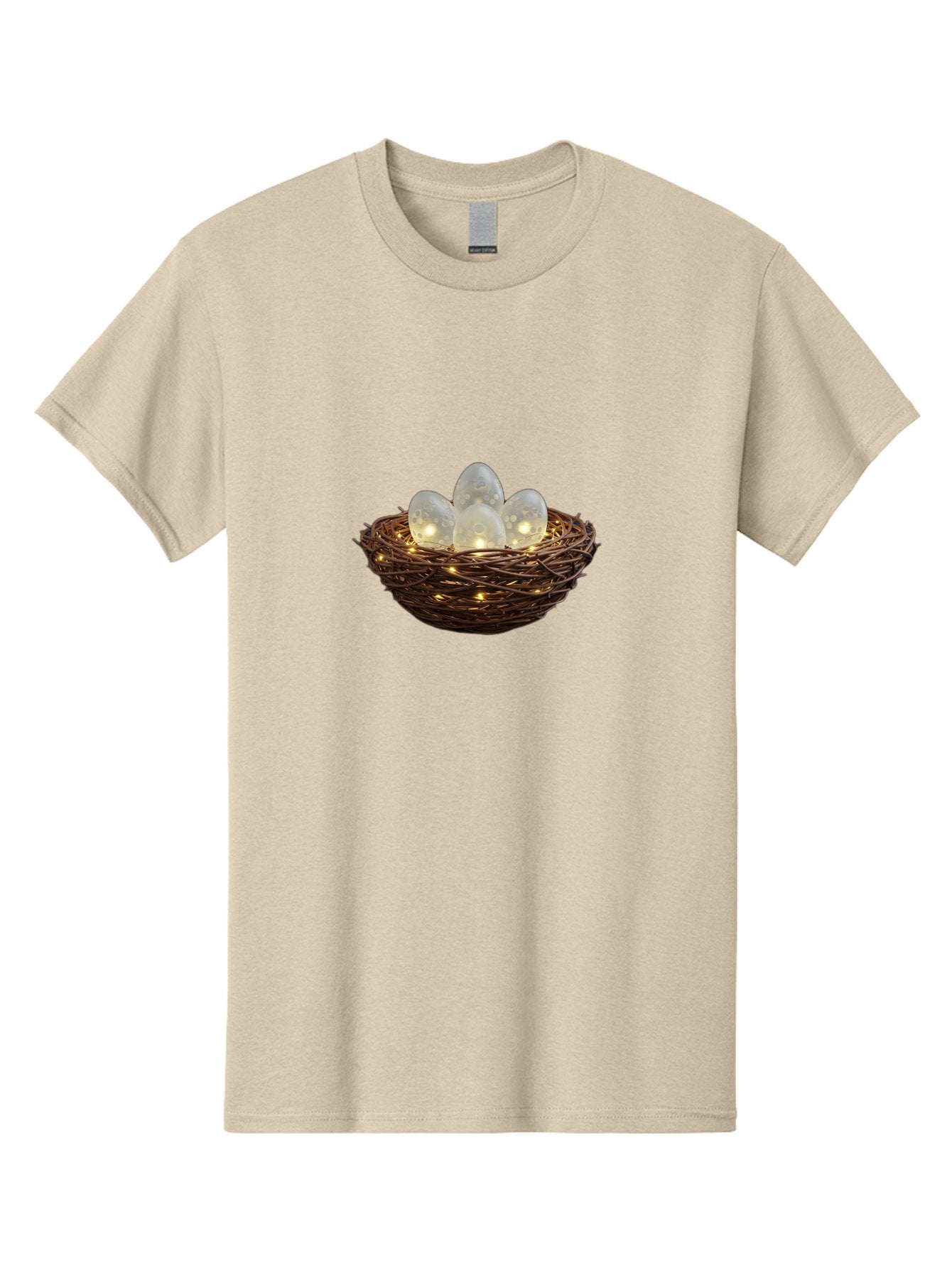 Nest-With-Eggs Men'S Graphic Tee, 100% Cotton, Comfortable Casual Summer Wear, Machine Washable, Glowing Eggs In A Nest, Festive Decor, Decorative Nest, Twig Nest, Glowing Orbs, String Lights, Home Decor, Easter Eggs, Spring Decoration Bab030 5
