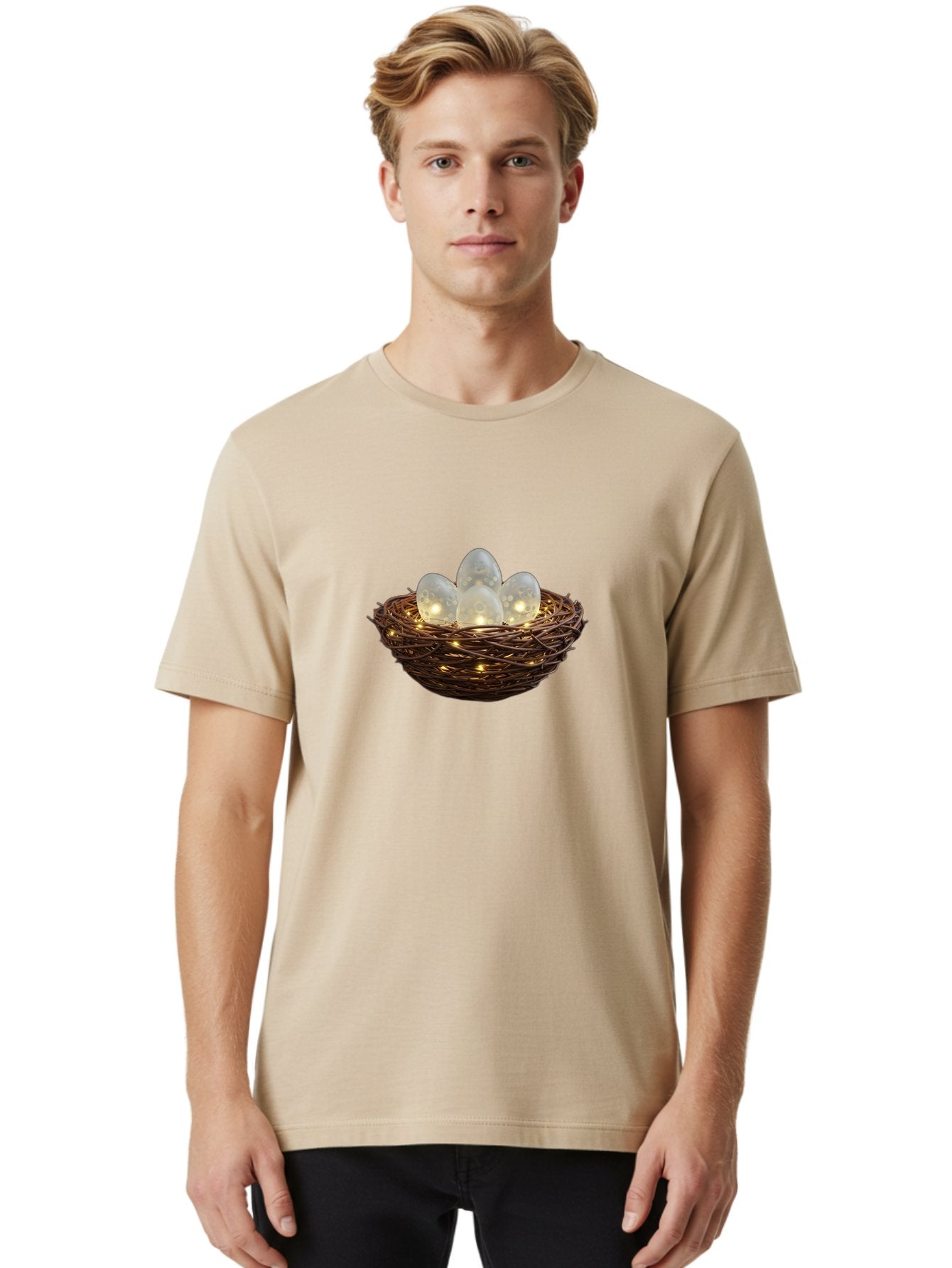 Nest-With-Eggs Men'S Graphic Tee, 100% Cotton, Comfortable Casual Summer Wear, Machine Washable, Glowing Eggs In A Nest, Festive Decor, Decorative Nest, Twig Nest, Glowing Orbs, String Lights, Home Decor, Easter Eggs, Spring Decoration Bab030 23