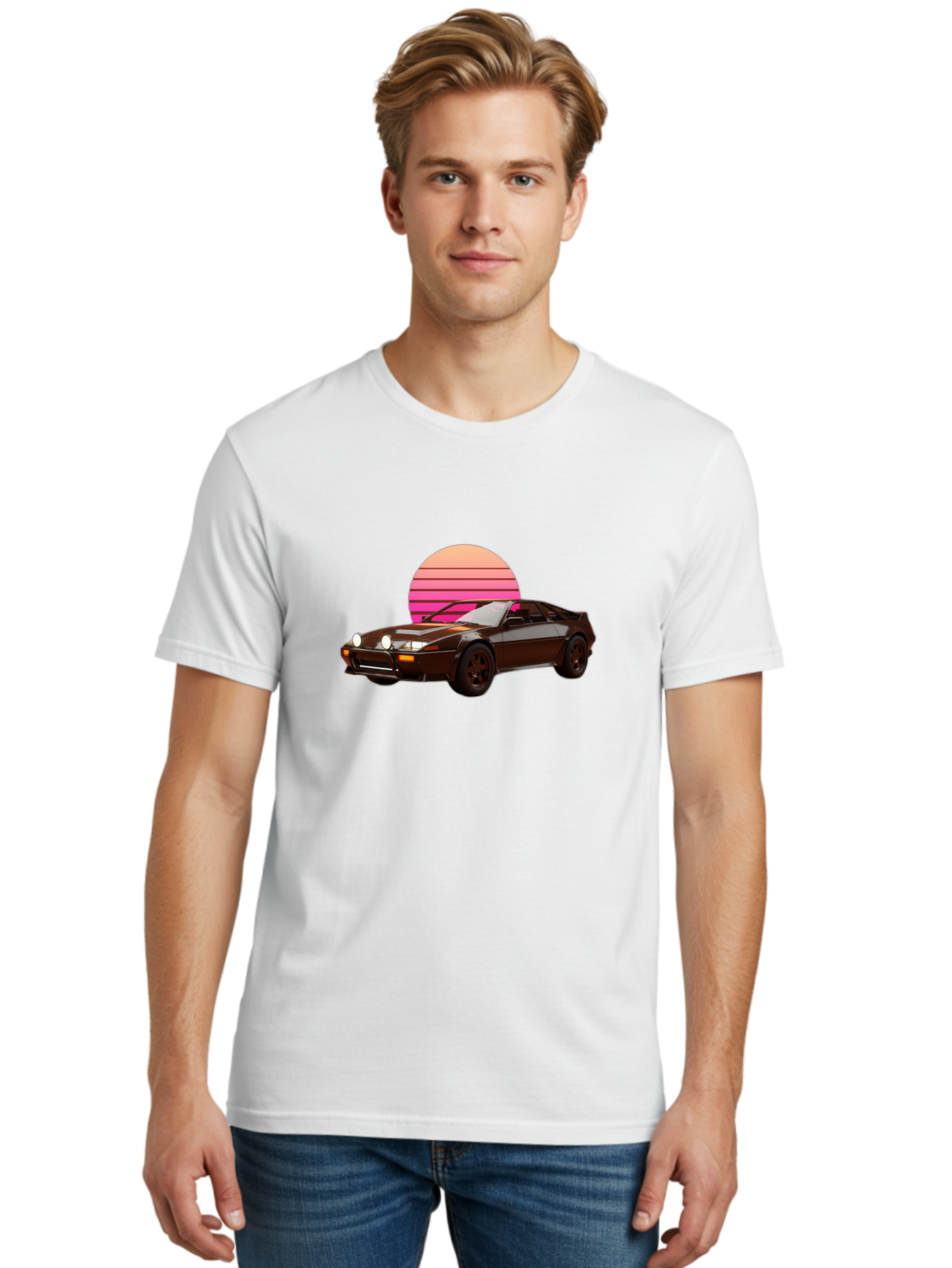 Nissan-240Z Men'S Graphic Tee, 100% Cotton, Comfortable Casual Summer Wear, Machine Washable, Vintage Sports Car, Retro Style, Dusk Scene, Gradient Sunset, Nostalgic Feel, Classic Automobile, Vintage Vibes, Iconic Design, Automotive Art, Bab036 24