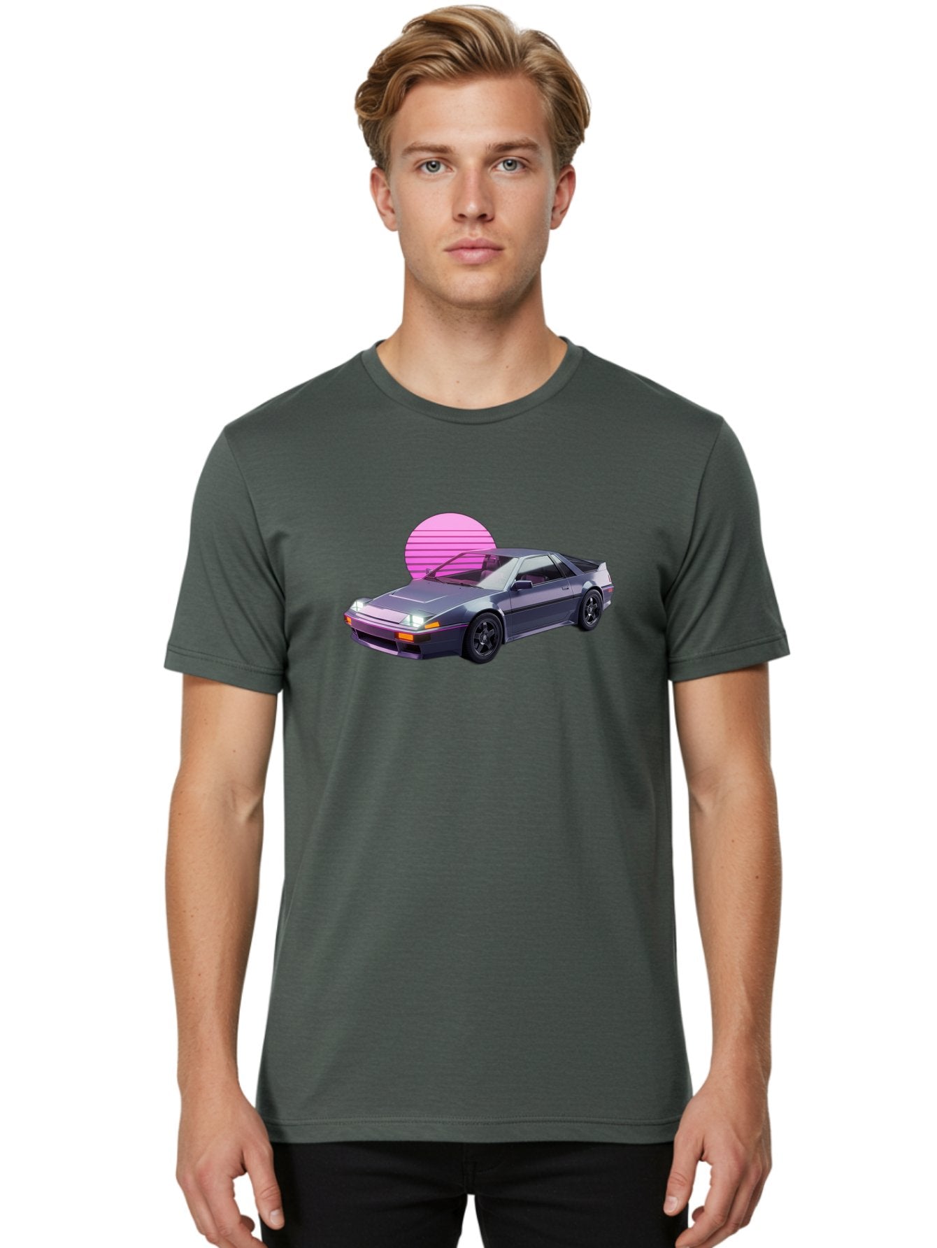 Nissan-300Zx-5 Men'S Graphic Tee, 100% Cotton, Comfortable Casual Summer Wear, Machine Washable, Nissan 300Zx Sports Car, Retro Futuristic Design, Sleek Gray Body, Black Wheels, Pink Accents, Neon Lights, Vaporwave Aesthetic, Synthwave Style Bab042 25