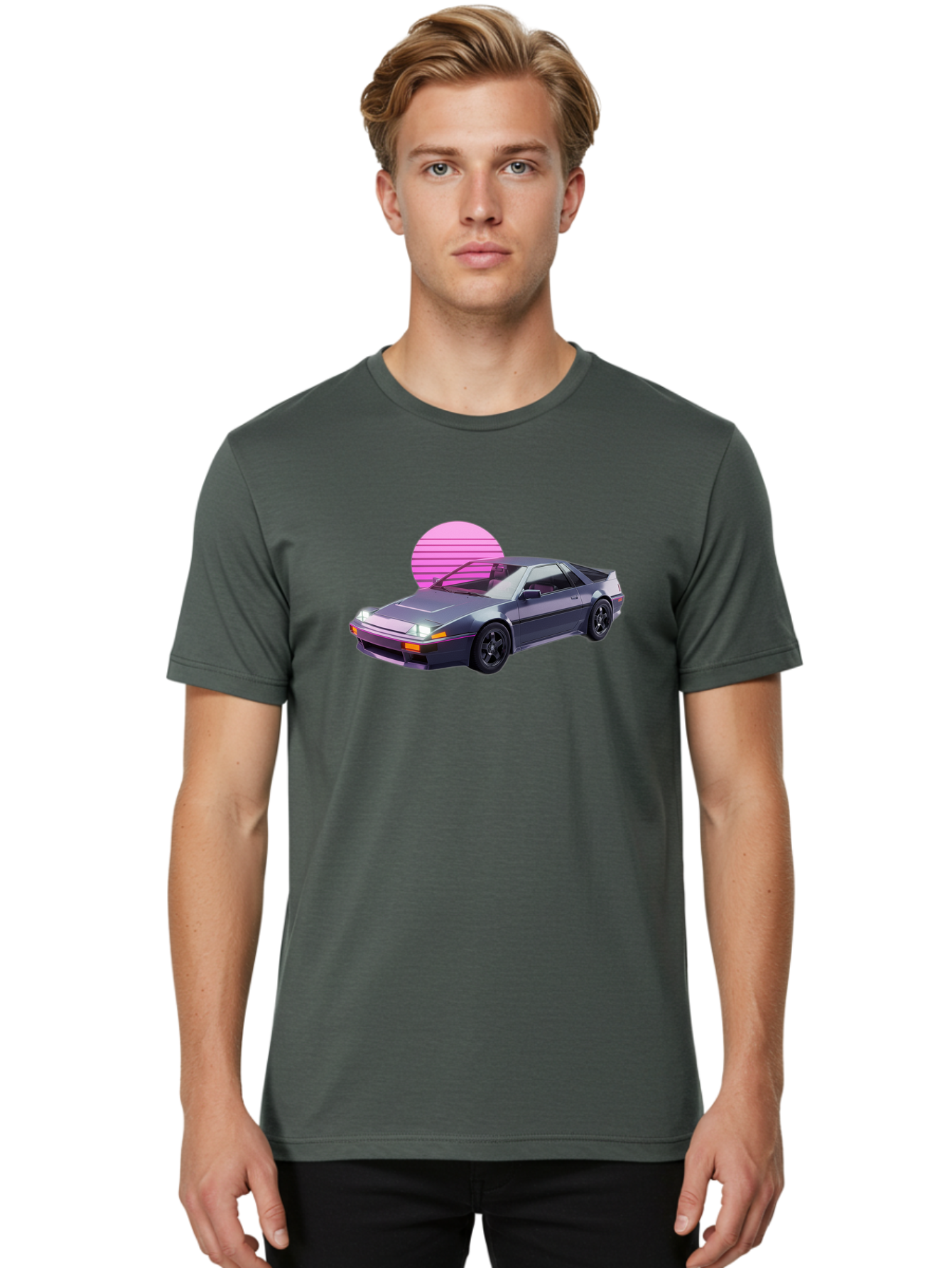 Nissan-300Zx-5 Men'S Graphic Tee, 100% Cotton, Comfortable Casual Summer Wear, Machine Washable, Nissan 300Zx Sports Car, Retro Futuristic Design, Sleek Gray Body, Black Wheels, Pink Accents, Neon Lights, Vaporwave Aesthetic, Synthwave Style Bab042 12