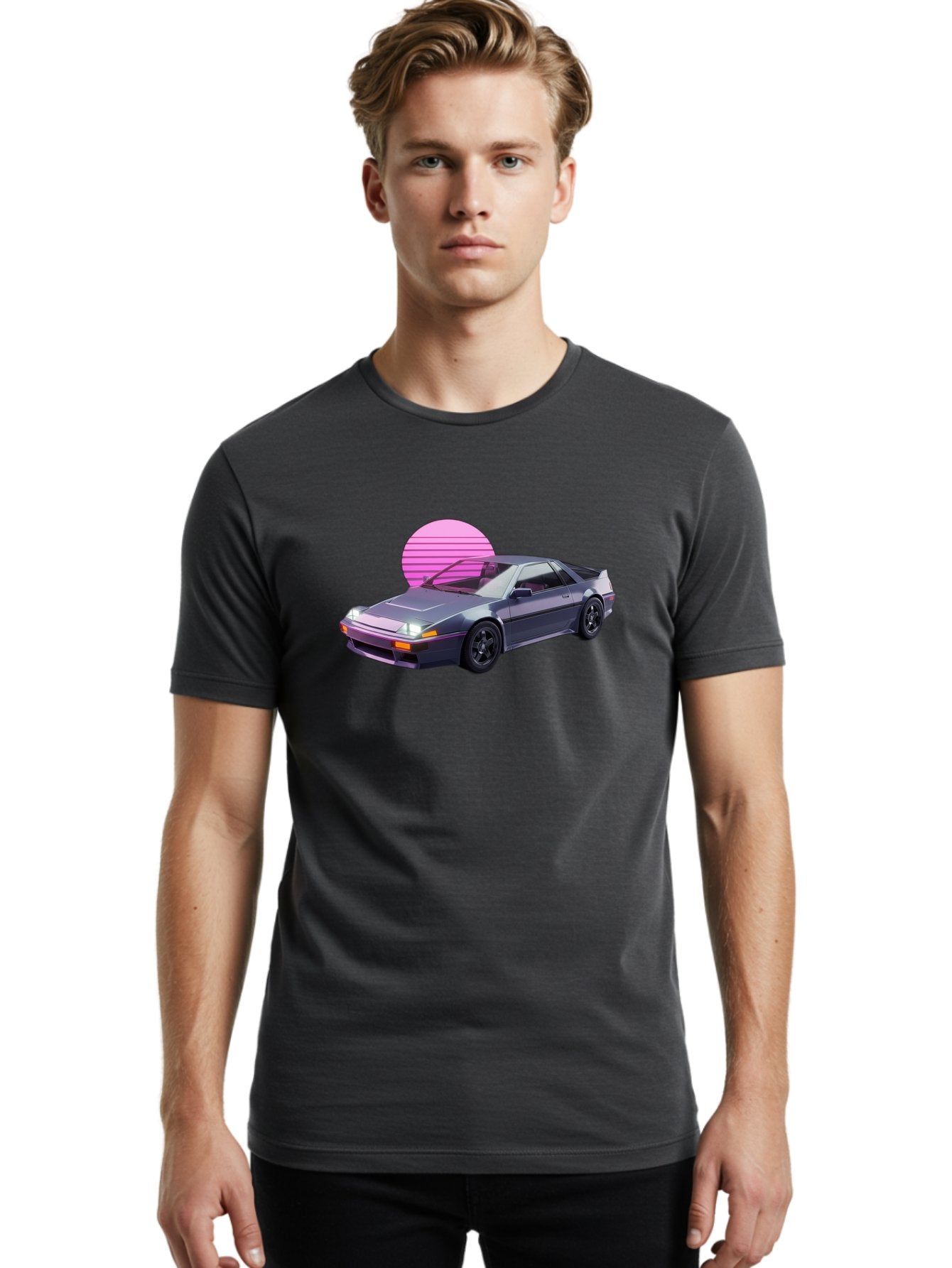 Nissan-300Zx-5 Men'S Graphic Tee, 100% Cotton, Comfortable Casual Summer Wear, Machine Washable, Nissan 300Zx Sports Car, Retro Futuristic Design, Sleek Gray Body, Black Wheels, Pink Accents, Neon Lights, Vaporwave Aesthetic, Synthwave Style Bab042 16