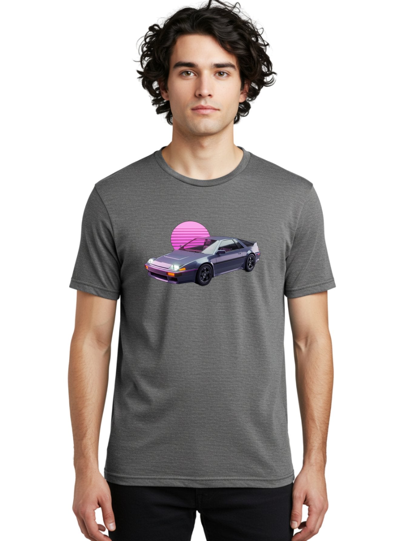 Nissan-300Zx-5 Men'S Graphic Tee, 100% Cotton, Comfortable Casual Summer Wear, Machine Washable, Nissan 300Zx Sports Car, Retro Futuristic Design, Sleek Gray Body, Black Wheels, Pink Accents, Neon Lights, Vaporwave Aesthetic, Synthwave Style Bab042 29