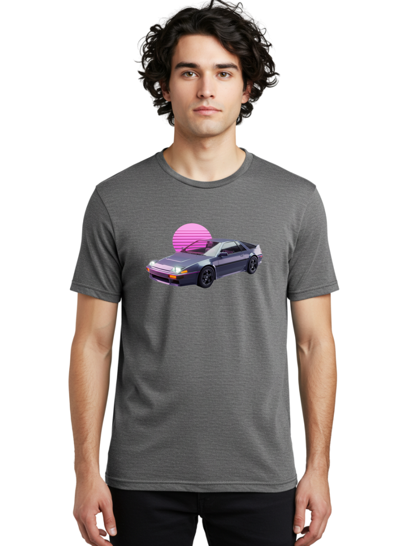 Nissan-300Zx-5 Men'S Graphic Tee, 100% Cotton, Comfortable Casual Summer Wear, Machine Washable, Nissan 300Zx Sports Car, Retro Futuristic Design, Sleek Gray Body, Black Wheels, Pink Accents, Neon Lights, Vaporwave Aesthetic, Synthwave Style Bab042 4