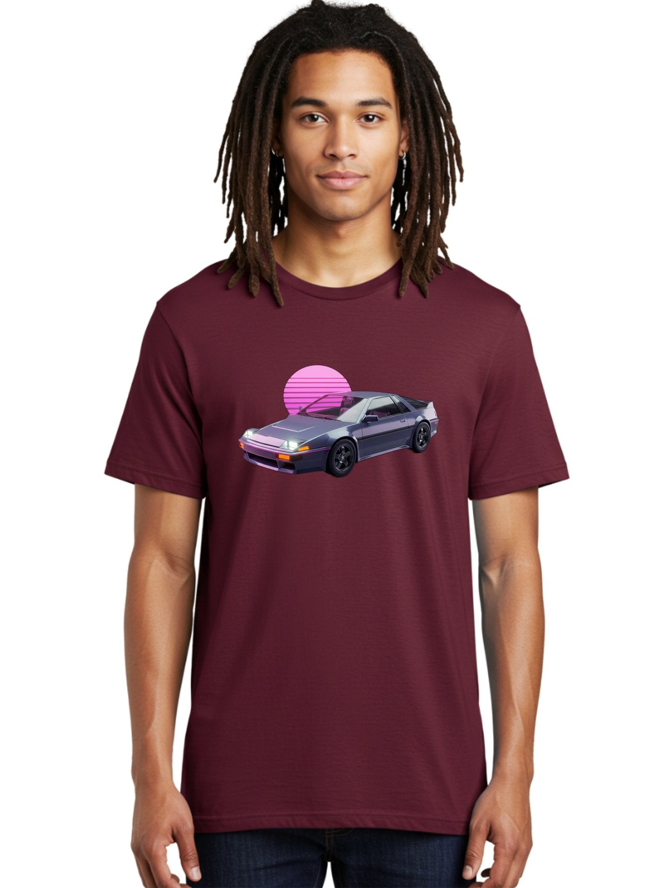 Nissan-300Zx-5 Men'S Graphic Tee, 100% Cotton, Comfortable Casual Summer Wear, Machine Washable, Nissan 300Zx Sports Car, Retro Futuristic Design, Sleek Gray Body, Black Wheels, Pink Accents, Neon Lights, Vaporwave Aesthetic, Synthwave Style Bab042 28