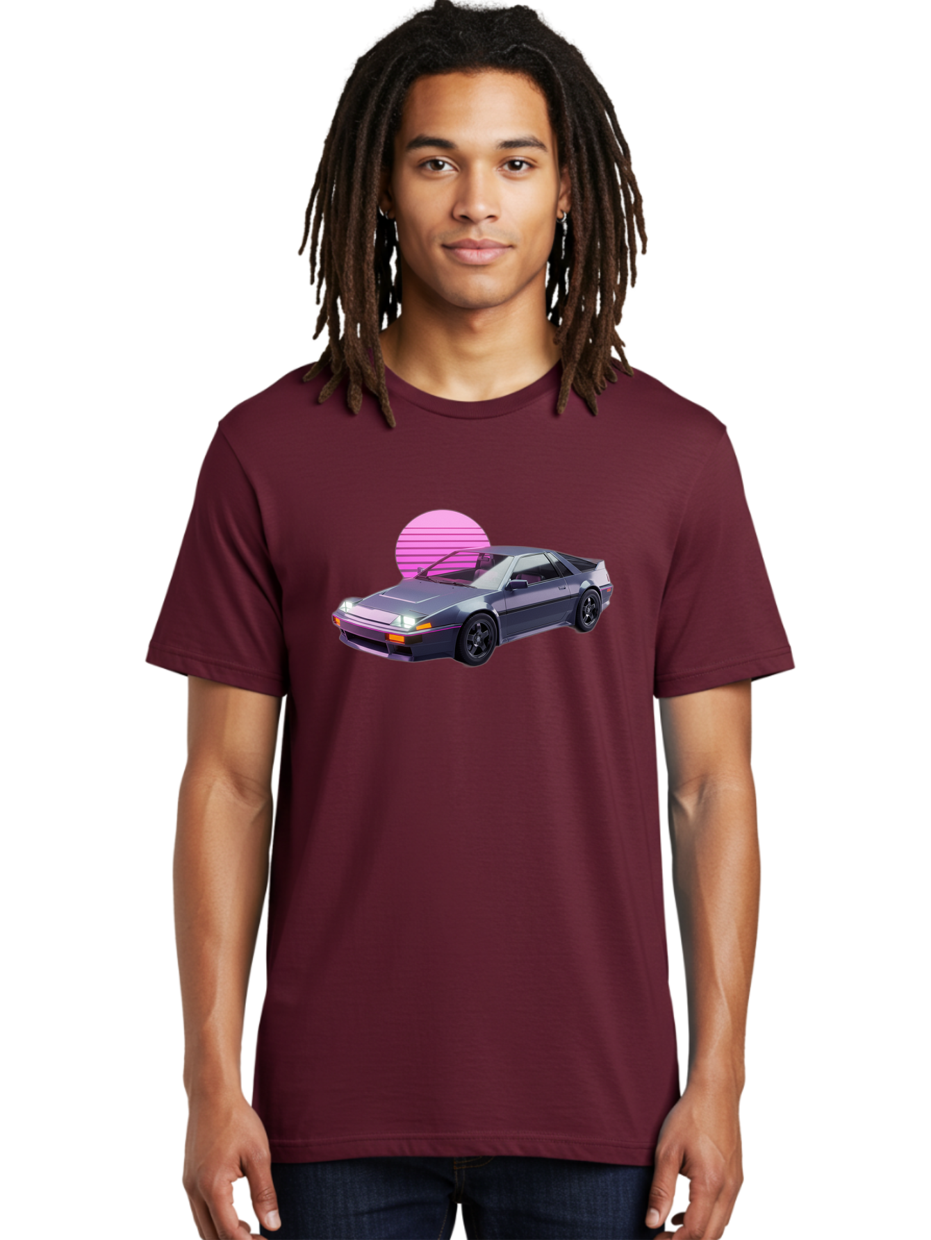 Nissan-300Zx-5 Men'S Graphic Tee, 100% Cotton, Comfortable Casual Summer Wear, Machine Washable, Nissan 300Zx Sports Car, Retro Futuristic Design, Sleek Gray Body, Black Wheels, Pink Accents, Neon Lights, Vaporwave Aesthetic, Synthwave Style Bab042 6
