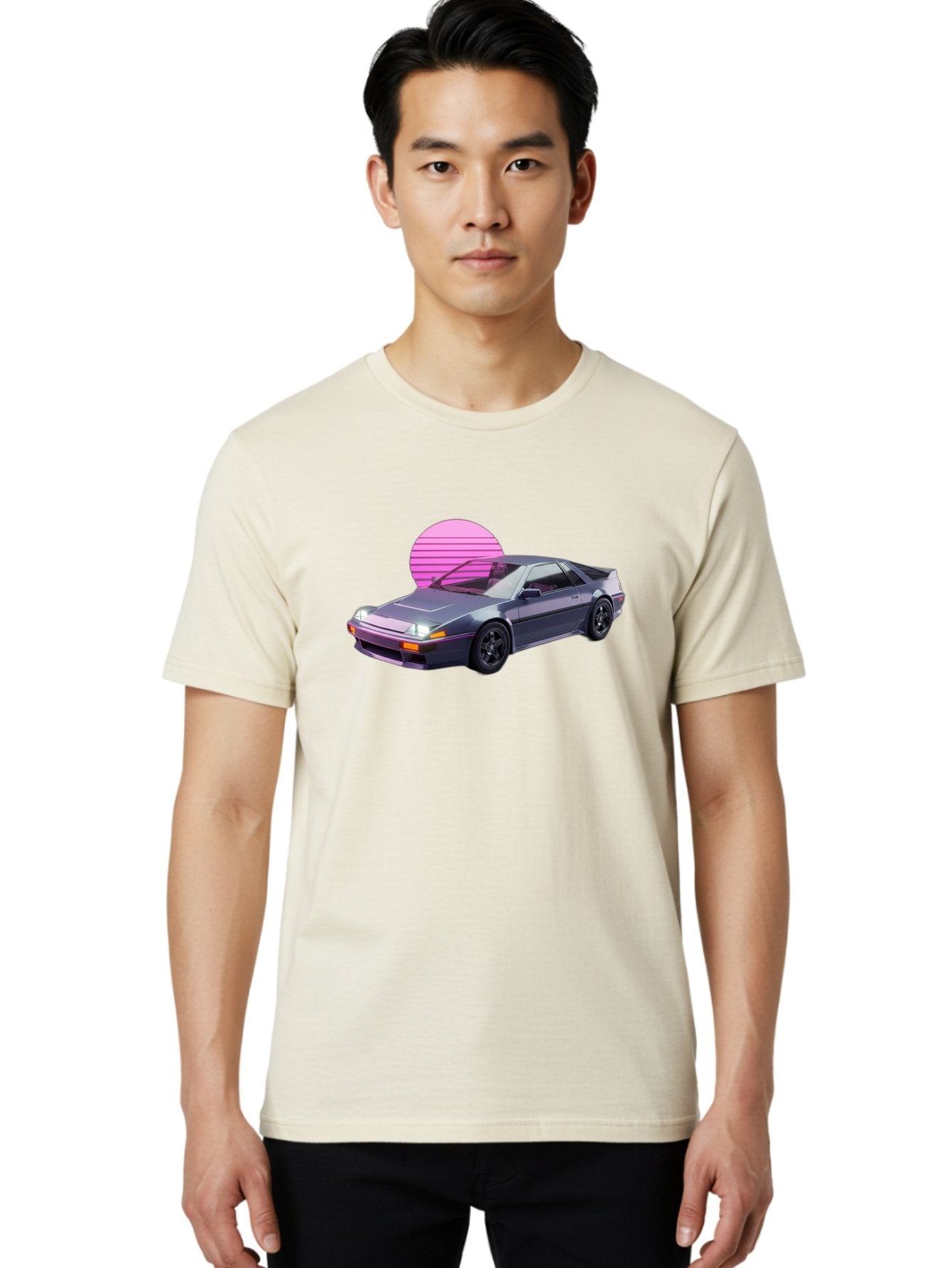 Nissan-300Zx-5 Men'S Graphic Tee, 100% Cotton, Comfortable Casual Summer Wear, Machine Washable, Nissan 300Zx Sports Car, Retro Futuristic Design, Sleek Gray Body, Black Wheels, Pink Accents, Neon Lights, Vaporwave Aesthetic, Synthwave Style Bab042 19