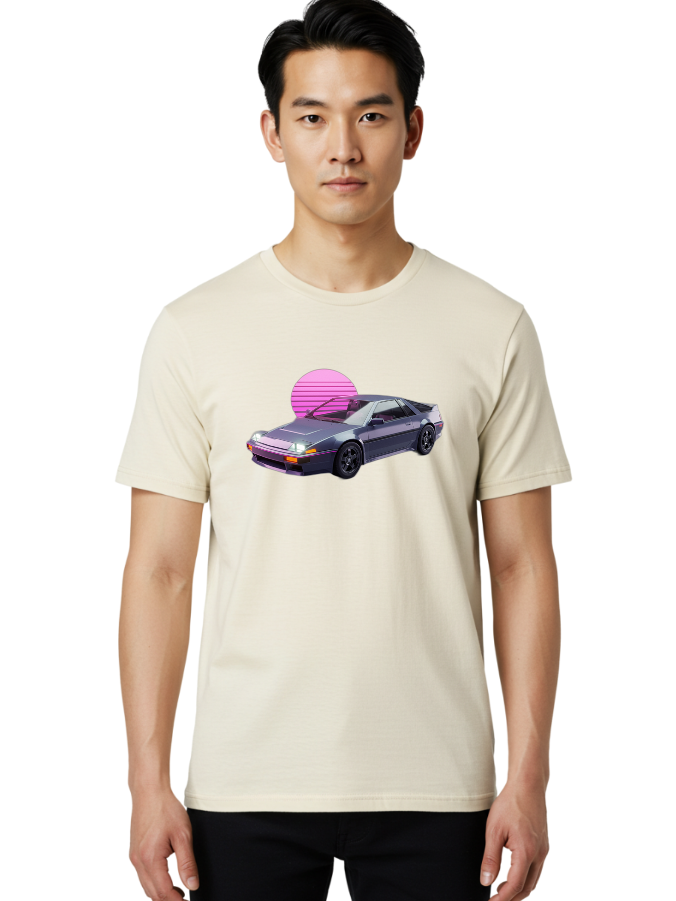 Nissan-300Zx-5 Men'S Graphic Tee, 100% Cotton, Comfortable Casual Summer Wear, Machine Washable, Nissan 300Zx Sports Car, Retro Futuristic Design, Sleek Gray Body, Black Wheels, Pink Accents, Neon Lights, Vaporwave Aesthetic, Synthwave Style Bab042 22
