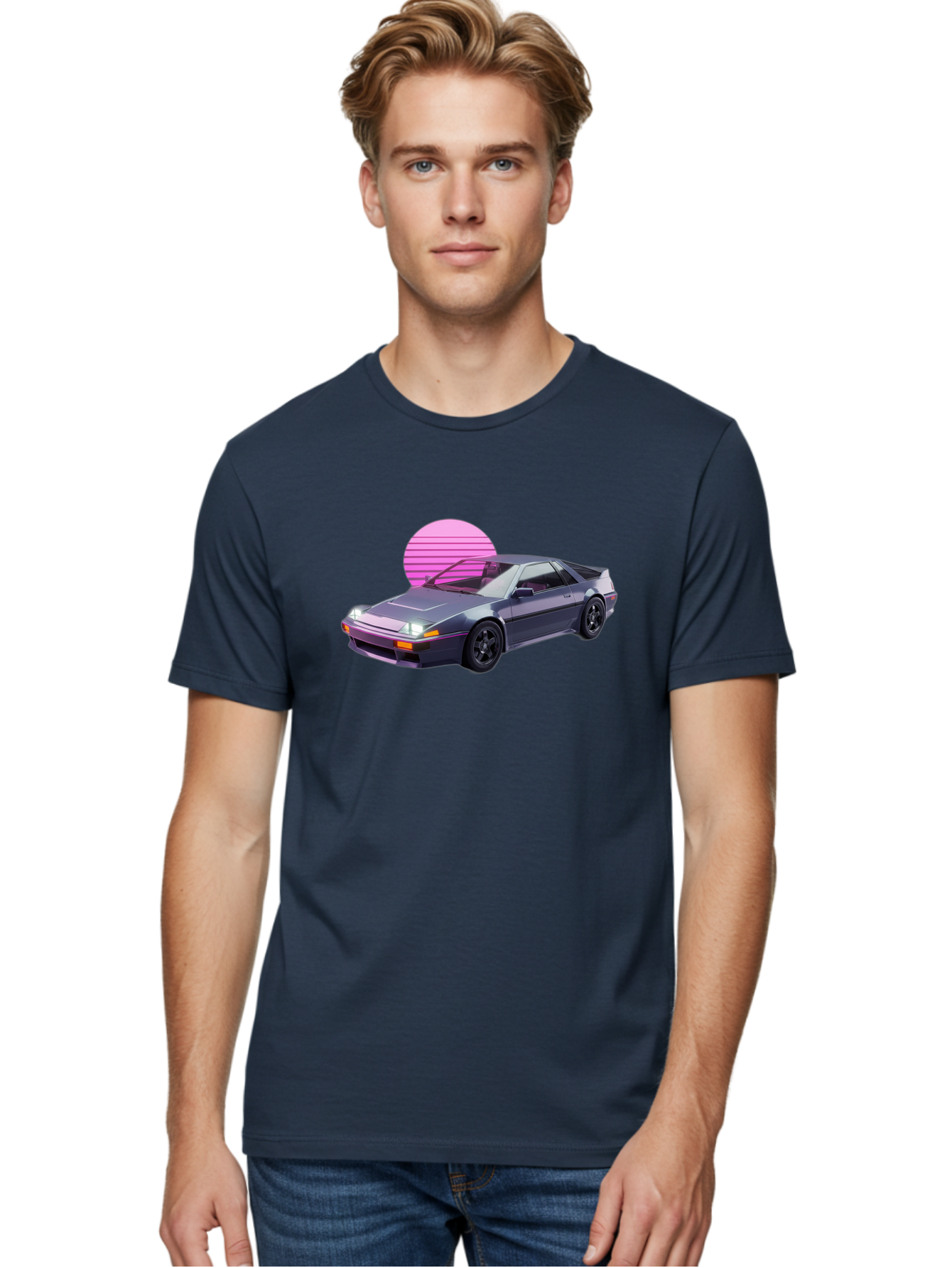 Nissan-300Zx-5 Men'S Graphic Tee, 100% Cotton, Comfortable Casual Summer Wear, Machine Washable, Nissan 300Zx Sports Car, Retro Futuristic Design, Sleek Gray Body, Black Wheels, Pink Accents, Neon Lights, Vaporwave Aesthetic, Synthwave Style Bab042 8