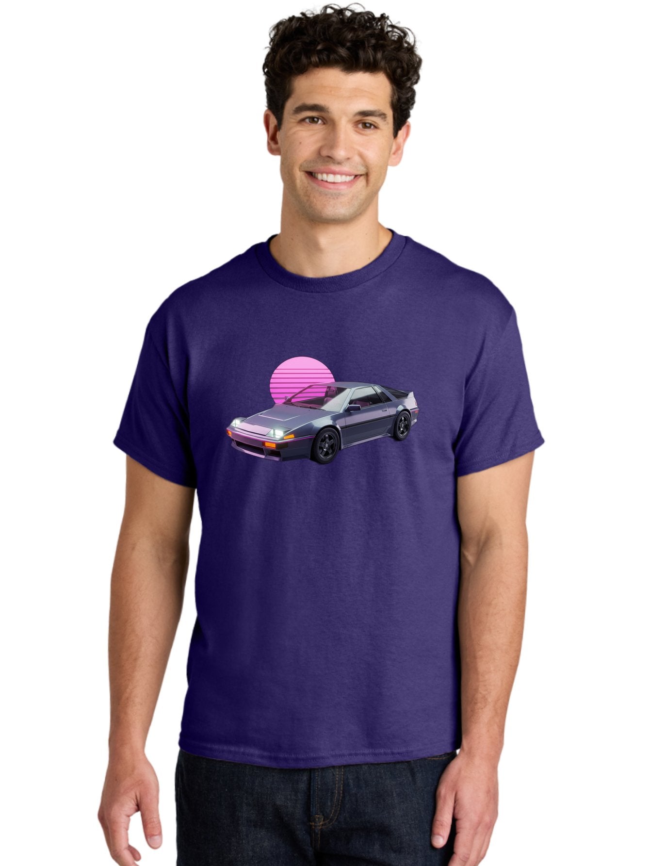 Nissan-300Zx-5 Men'S Graphic Tee, 100% Cotton, Comfortable Casual Summer Wear, Machine Washable, Nissan 300Zx Sports Car, Retro Futuristic Design, Sleek Gray Body, Black Wheels, Pink Accents, Neon Lights, Vaporwave Aesthetic, Synthwave Style Bab042 22