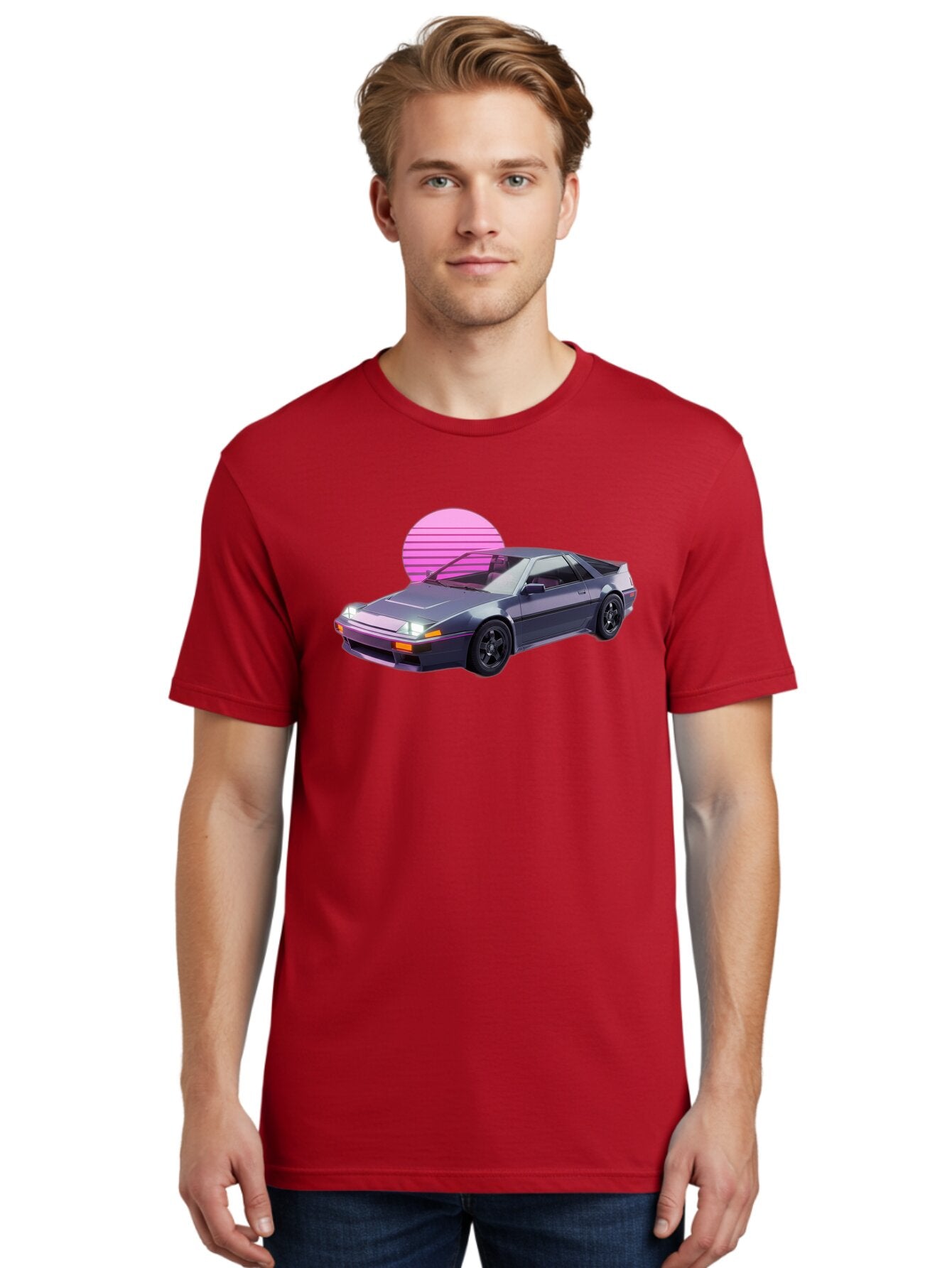 Nissan-300Zx-5 Men'S Graphic Tee, 100% Cotton, Comfortable Casual Summer Wear, Machine Washable, Nissan 300Zx Sports Car, Retro Futuristic Design, Sleek Gray Body, Black Wheels, Pink Accents, Neon Lights, Vaporwave Aesthetic, Synthwave Style Bab042 26