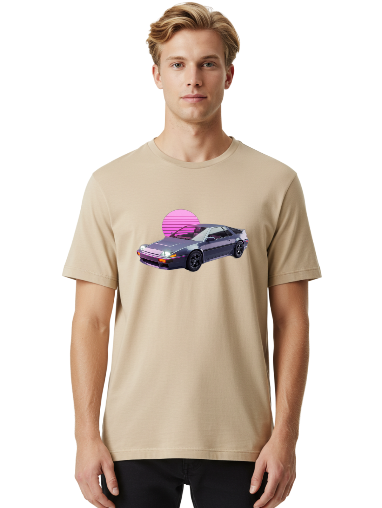 Nissan-300Zx-5 Men'S Graphic Tee, 100% Cotton, Comfortable Casual Summer Wear, Machine Washable, Nissan 300Zx Sports Car, Retro Futuristic Design, Sleek Gray Body, Black Wheels, Pink Accents, Neon Lights, Vaporwave Aesthetic, Synthwave Style Bab042 28