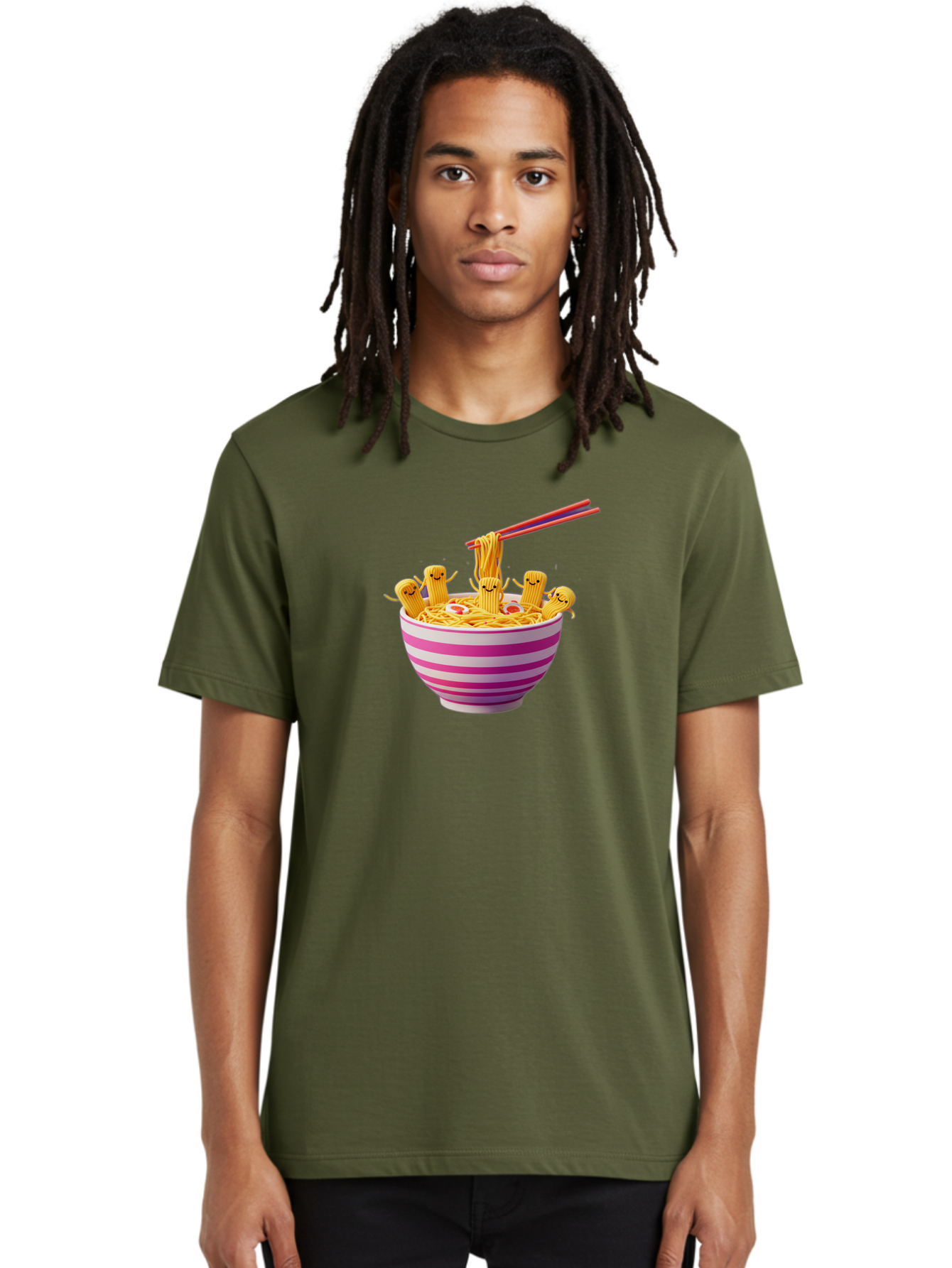 Noodles-With-Faces Men'S Graphic Tee, 100% Cotton, Comfortable Casual Summer Wear, Machine Washable, Bowl Of Noodles, Cartoon Bamboo Sticks, Playful Chopsticks, Fun Design, Asian Cuisine, Kawaii Characters, Noodle Lovers, Meal Time, Bab046 24
