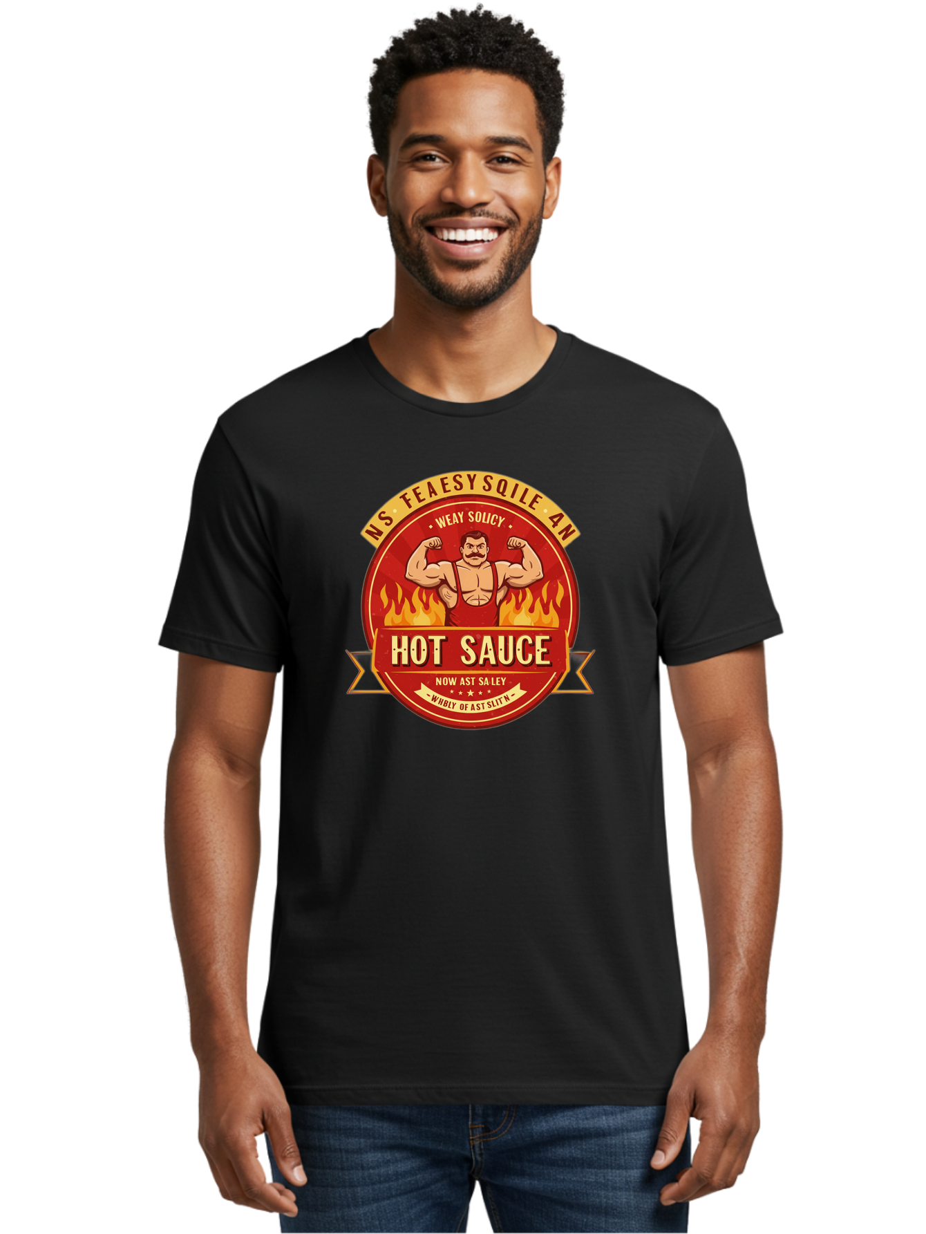 Ns-Feaesy-Sqile-An-Hot-Sauce Men'S Graphic Tee, 100% Cotton, Comfortable Casual Summer Wear, Machine Washable, Hot Sauce Label, Cartoon Strongman, Red And Yellow Design, Fiery Flames, Humorous Text, Playful Typography, Spicy Food, Bab047 4