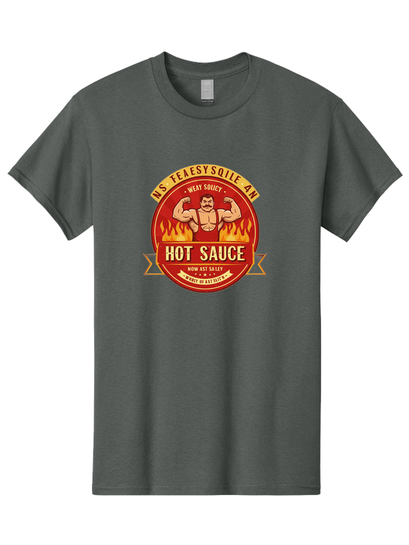 Ns-Feaesy-Sqile-An-Hot-Sauce Men'S Graphic Tee, 100% Cotton, Comfortable Casual Summer Wear, Machine Washable, Hot Sauce Label, Cartoon Strongman, Red And Yellow Design, Fiery Flames, Humorous Text, Playful Typography, Spicy Food, Bab047 17