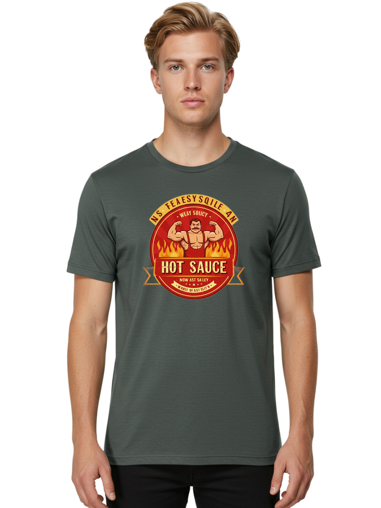 Ns-Feaesy-Sqile-An-Hot-Sauce Men'S Graphic Tee, 100% Cotton, Comfortable Casual Summer Wear, Machine Washable, Hot Sauce Label, Cartoon Strongman, Red And Yellow Design, Fiery Flames, Humorous Text, Playful Typography, Spicy Food, Bab047 18