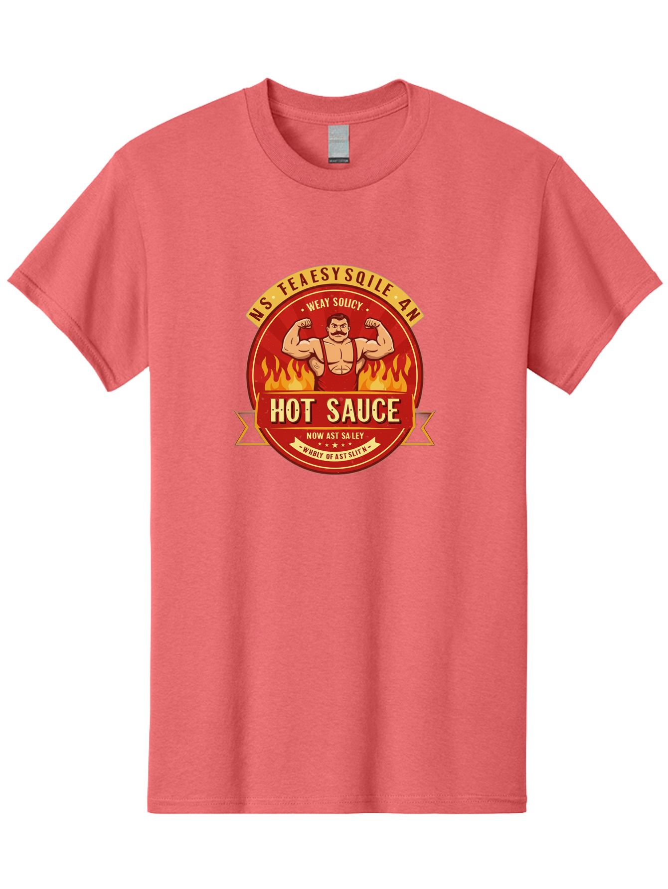 Ns-Feaesy-Sqile-An-Hot-Sauce Men'S Graphic Tee, 100% Cotton, Comfortable Casual Summer Wear, Machine Washable, Hot Sauce Label, Cartoon Strongman, Red And Yellow Design, Fiery Flames, Humorous Text, Playful Typography, Spicy Food, Bab047 9