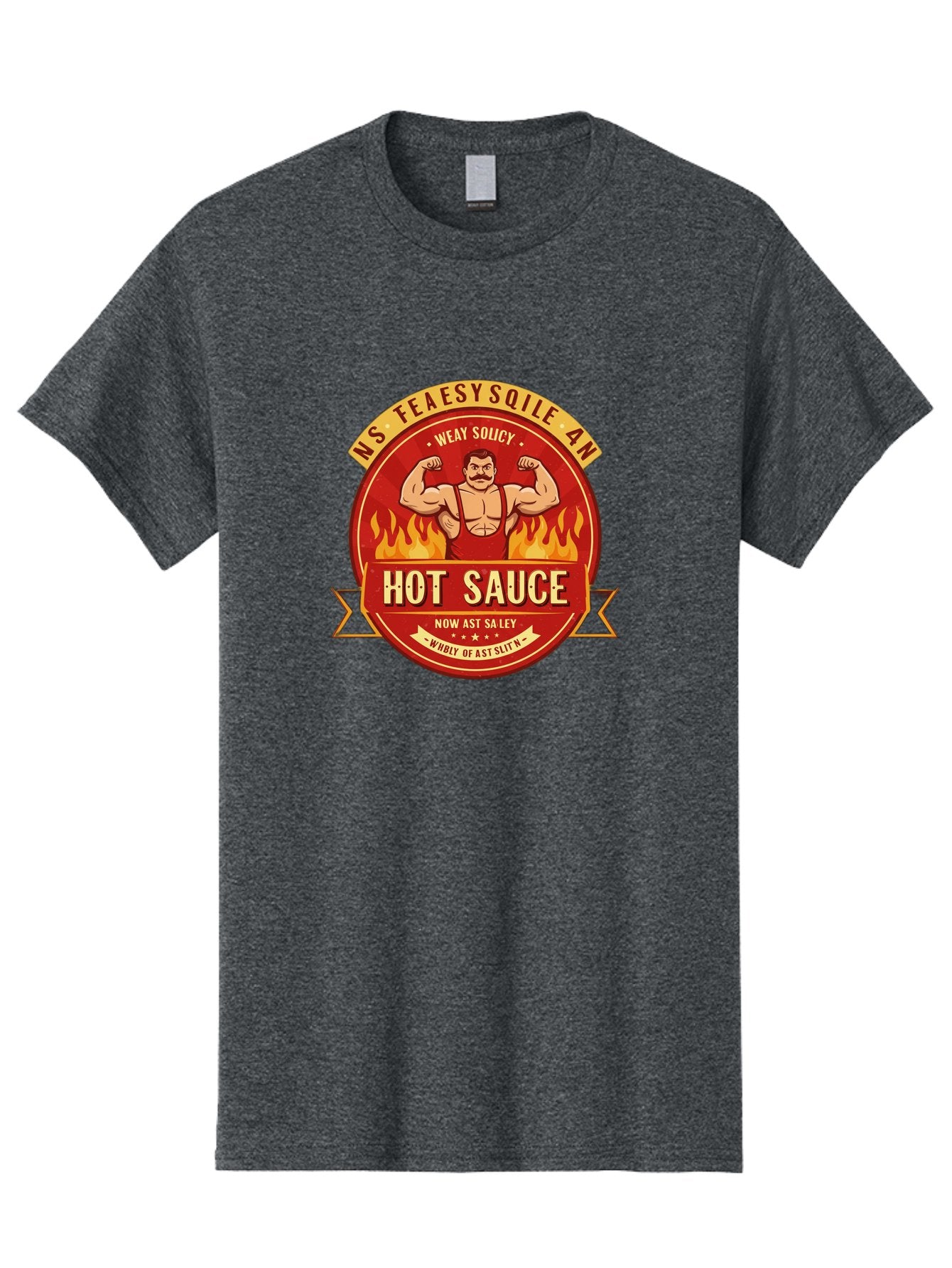 Ns-Feaesy-Sqile-An-Hot-Sauce Men'S Graphic Tee, 100% Cotton, Comfortable Casual Summer Wear, Machine Washable, Hot Sauce Label, Cartoon Strongman, Red And Yellow Design, Fiery Flames, Humorous Text, Playful Typography, Spicy Food, Bab047 7