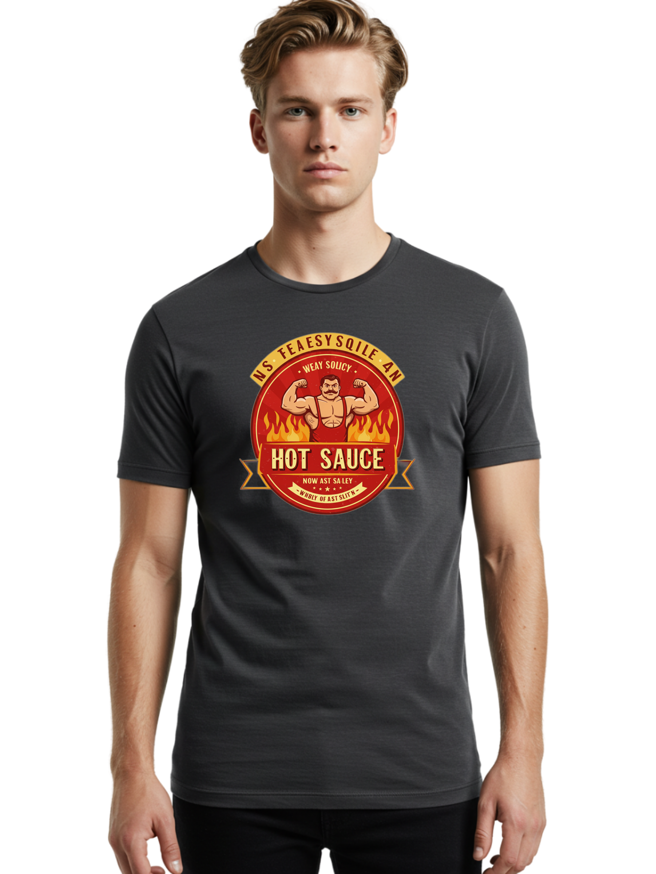 Ns-Feaesy-Sqile-An-Hot-Sauce Men'S Graphic Tee, 100% Cotton, Comfortable Casual Summer Wear, Machine Washable, Hot Sauce Label, Cartoon Strongman, Red And Yellow Design, Fiery Flames, Humorous Text, Playful Typography, Spicy Food, Bab047 14