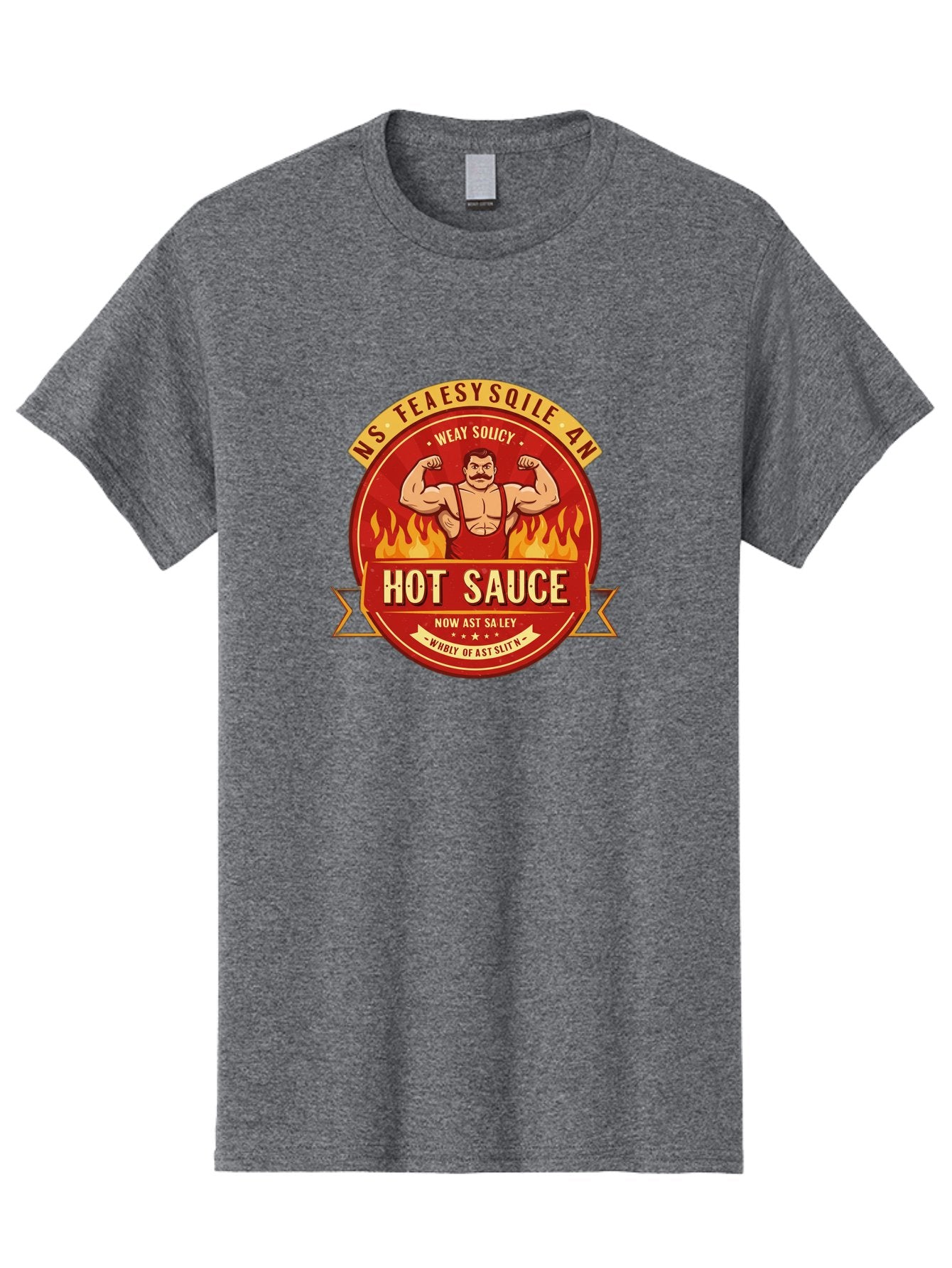 Ns-Feaesy-Sqile-An-Hot-Sauce Men'S Graphic Tee, 100% Cotton, Comfortable Casual Summer Wear, Machine Washable, Hot Sauce Label, Cartoon Strongman, Red And Yellow Design, Fiery Flames, Humorous Text, Playful Typography, Spicy Food, Bab047 4