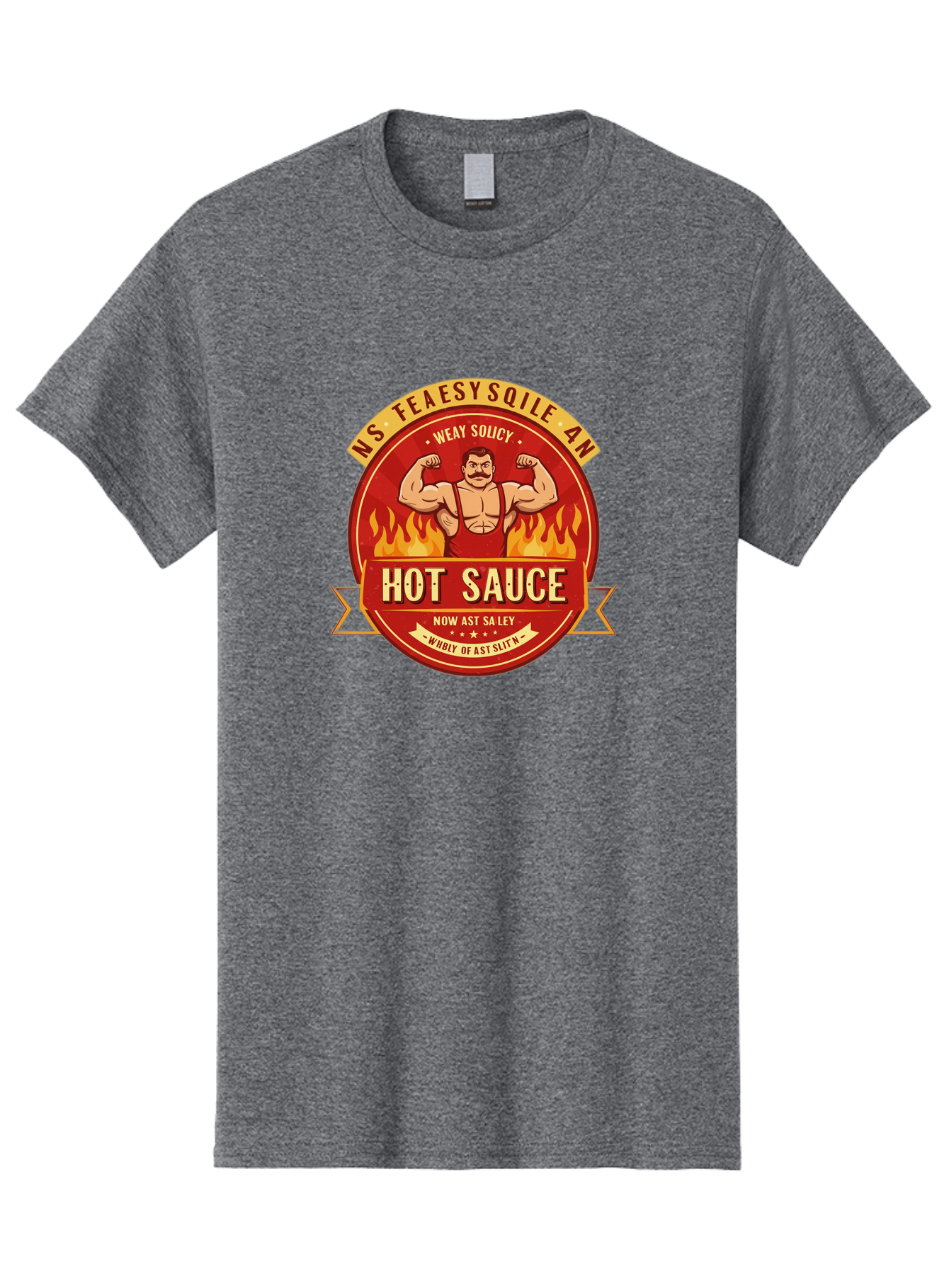 Ns-Feaesy-Sqile-An-Hot-Sauce Men'S Graphic Tee, 100% Cotton, Comfortable Casual Summer Wear, Machine Washable, Hot Sauce Label, Cartoon Strongman, Red And Yellow Design, Fiery Flames, Humorous Text, Playful Typography, Spicy Food, Bab047 7