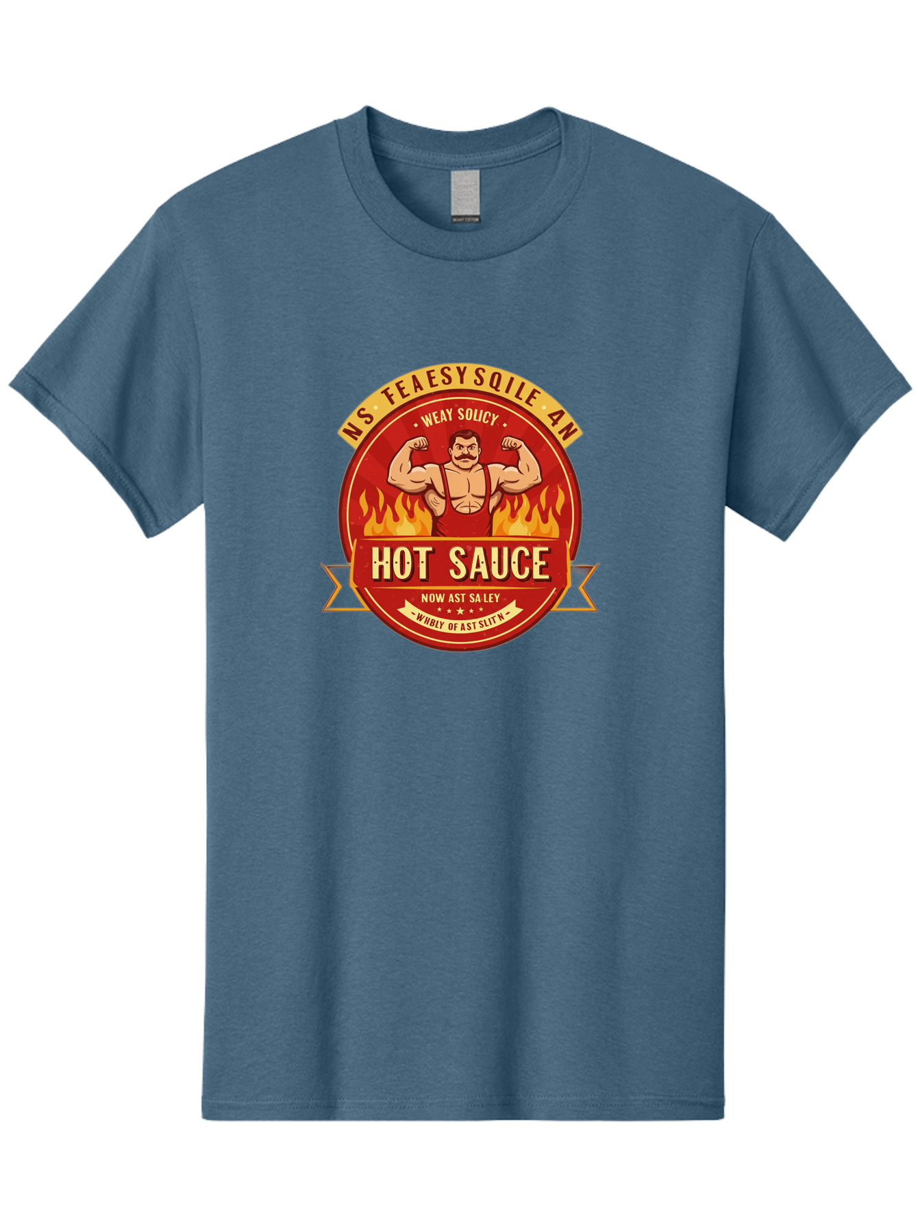 Ns-Feaesy-Sqile-An-Hot-Sauce Men'S Graphic Tee, 100% Cotton, Comfortable Casual Summer Wear, Machine Washable, Hot Sauce Label, Cartoon Strongman, Red And Yellow Design, Fiery Flames, Humorous Text, Playful Typography, Spicy Food, Bab047 19