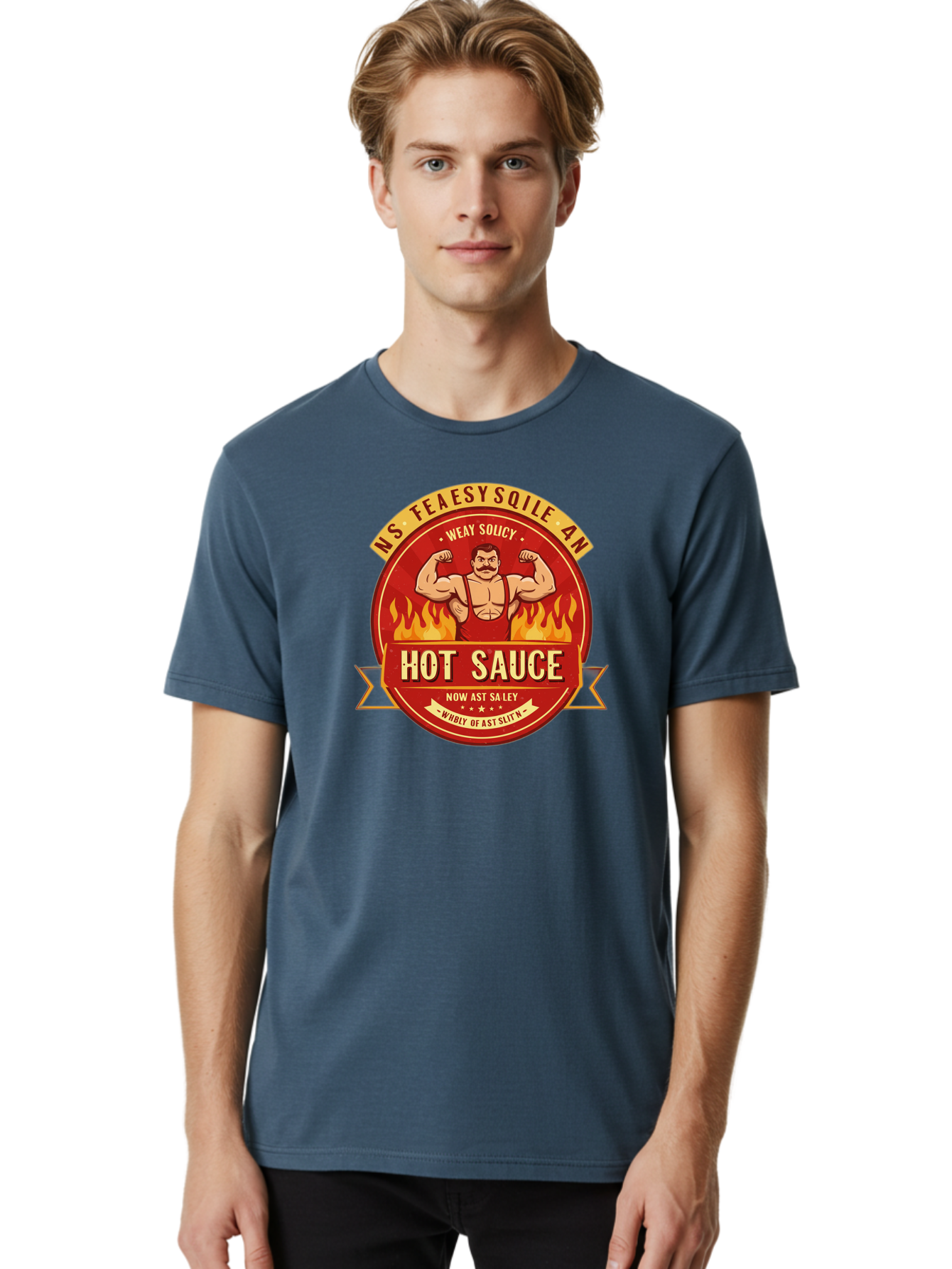 Ns-Feaesy-Sqile-An-Hot-Sauce Men'S Graphic Tee, 100% Cotton, Comfortable Casual Summer Wear, Machine Washable, Hot Sauce Label, Cartoon Strongman, Red And Yellow Design, Fiery Flames, Humorous Text, Playful Typography, Spicy Food, Bab047 20