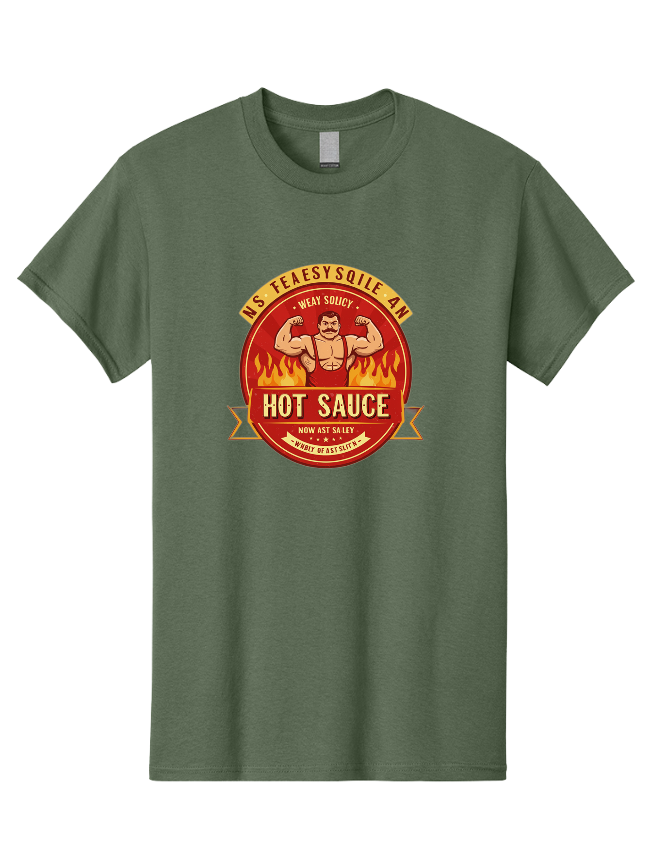 Ns-Feaesy-Sqile-An-Hot-Sauce Men'S Graphic Tee, 100% Cotton, Comfortable Casual Summer Wear, Machine Washable, Hot Sauce Label, Cartoon Strongman, Red And Yellow Design, Fiery Flames, Humorous Text, Playful Typography, Spicy Food, Bab047