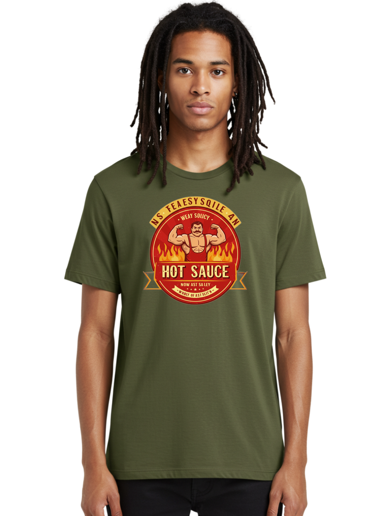 Ns-Feaesy-Sqile-An-Hot-Sauce Men'S Graphic Tee, 100% Cotton, Comfortable Casual Summer Wear, Machine Washable, Hot Sauce Label, Cartoon Strongman, Red And Yellow Design, Fiery Flames, Humorous Text, Playful Typography, Spicy Food, Bab047