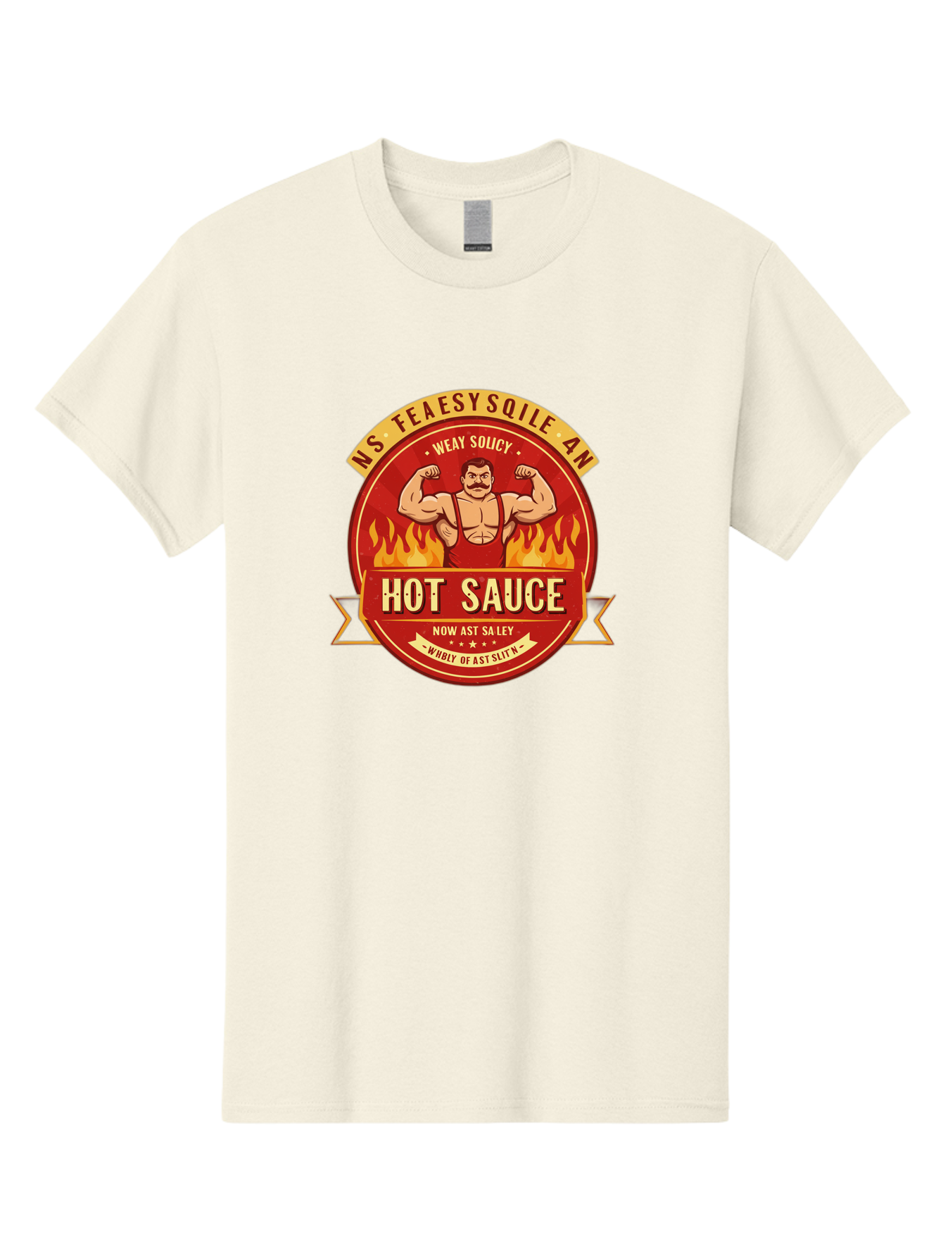 Ns-Feaesy-Sqile-An-Hot-Sauce Men'S Graphic Tee, 100% Cotton, Comfortable Casual Summer Wear, Machine Washable, Hot Sauce Label, Cartoon Strongman, Red And Yellow Design, Fiery Flames, Humorous Text, Playful Typography, Spicy Food, Bab047 23