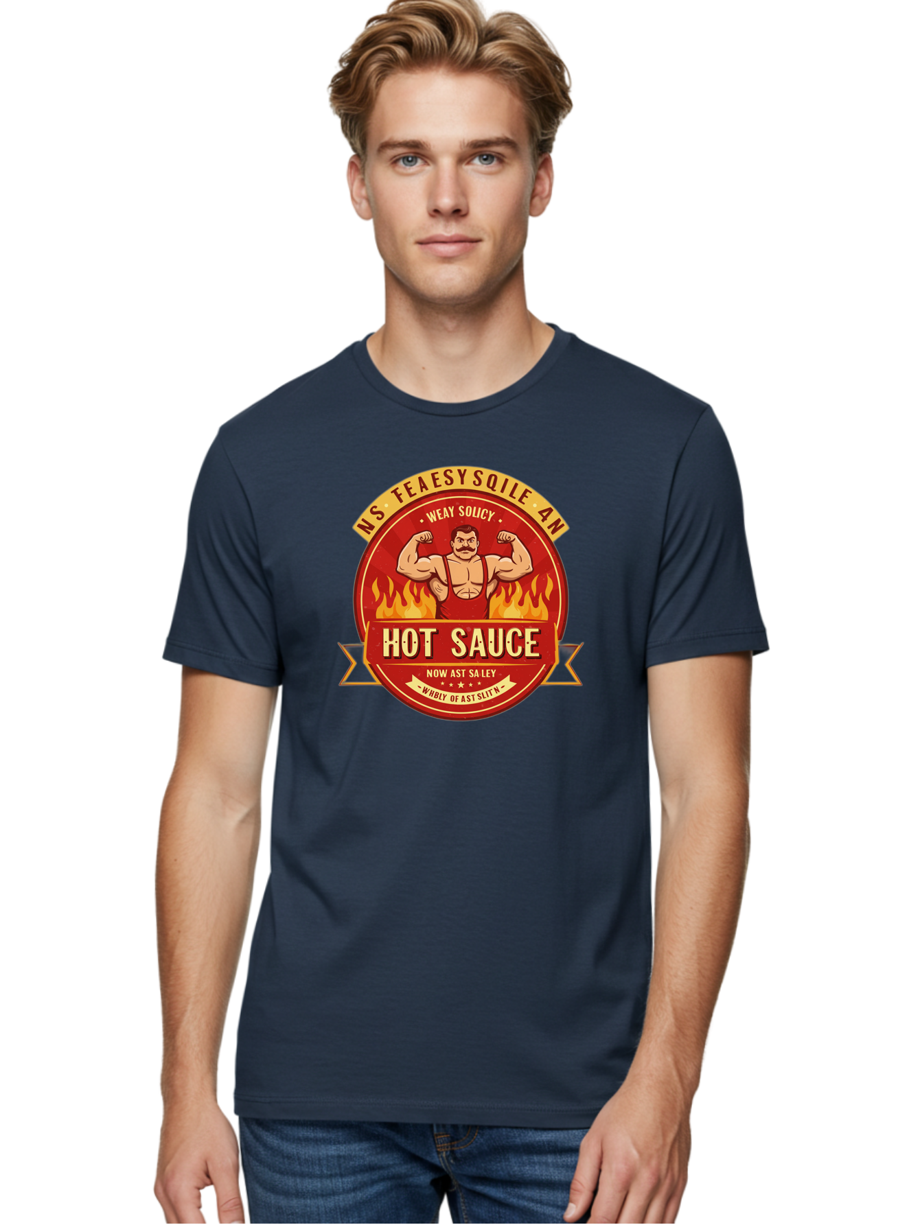 Ns-Feaesy-Sqile-An-Hot-Sauce Men'S Graphic Tee, 100% Cotton, Comfortable Casual Summer Wear, Machine Washable, Hot Sauce Label, Cartoon Strongman, Red And Yellow Design, Fiery Flames, Humorous Text, Playful Typography, Spicy Food, Bab047 6