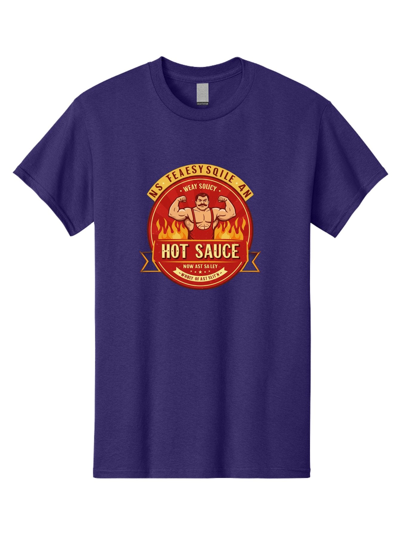 Ns-Feaesy-Sqile-An-Hot-Sauce Men'S Graphic Tee, 100% Cotton, Comfortable Casual Summer Wear, Machine Washable, Hot Sauce Label, Cartoon Strongman, Red And Yellow Design, Fiery Flames, Humorous Text, Playful Typography, Spicy Food, Bab047 6