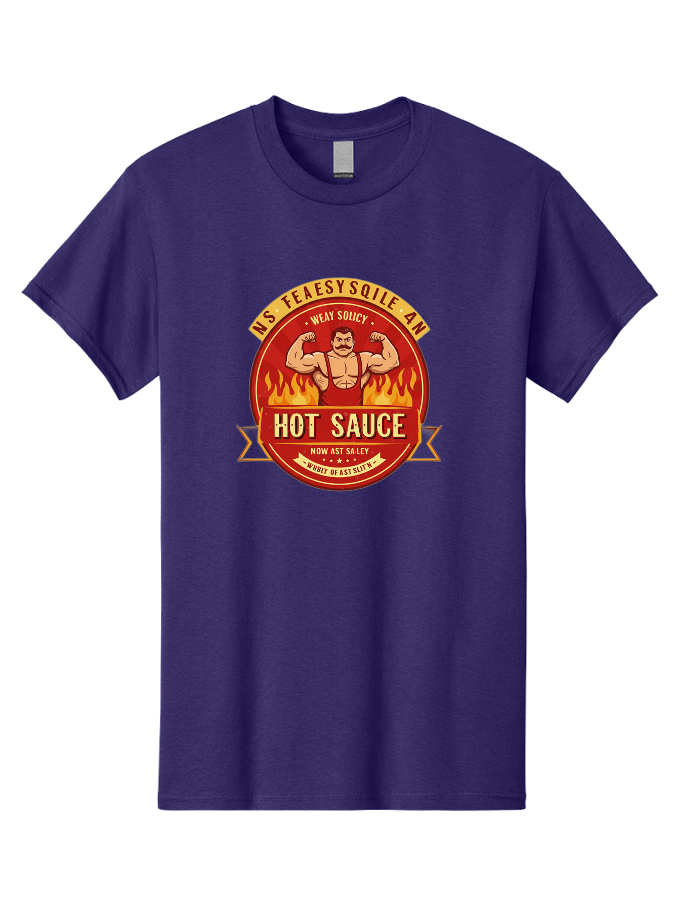 Ns-Feaesy-Sqile-An-Hot-Sauce Men'S Graphic Tee, 100% Cotton, Comfortable Casual Summer Wear, Machine Washable, Hot Sauce Label, Cartoon Strongman, Red And Yellow Design, Fiery Flames, Humorous Text, Playful Typography, Spicy Food, Bab047 11