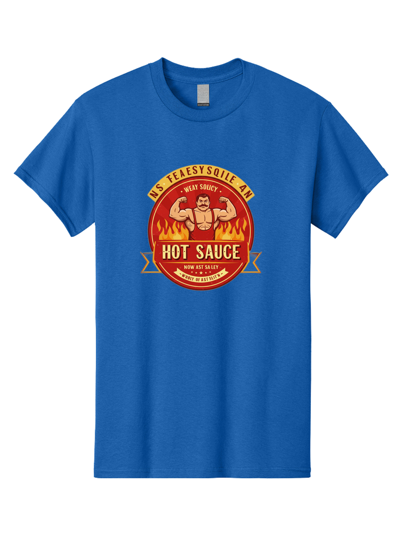 Ns-Feaesy-Sqile-An-Hot-Sauce Men'S Graphic Tee, 100% Cotton, Comfortable Casual Summer Wear, Machine Washable, Hot Sauce Label, Cartoon Strongman, Red And Yellow Design, Fiery Flames, Humorous Text, Playful Typography, Spicy Food, Bab047 29