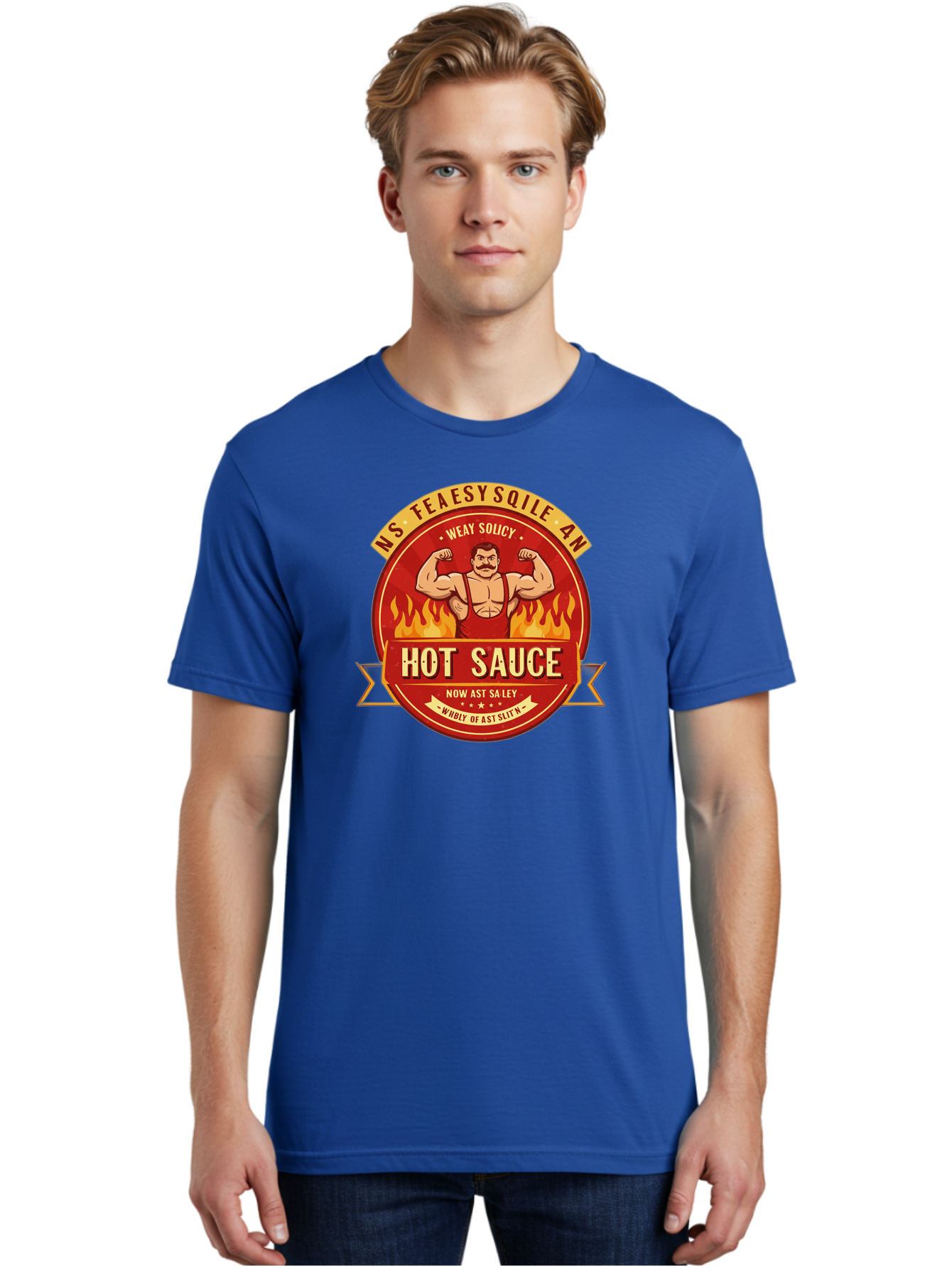 Ns-Feaesy-Sqile-An-Hot-Sauce Men'S Graphic Tee, 100% Cotton, Comfortable Casual Summer Wear, Machine Washable, Hot Sauce Label, Cartoon Strongman, Red And Yellow Design, Fiery Flames, Humorous Text, Playful Typography, Spicy Food, Bab047 30