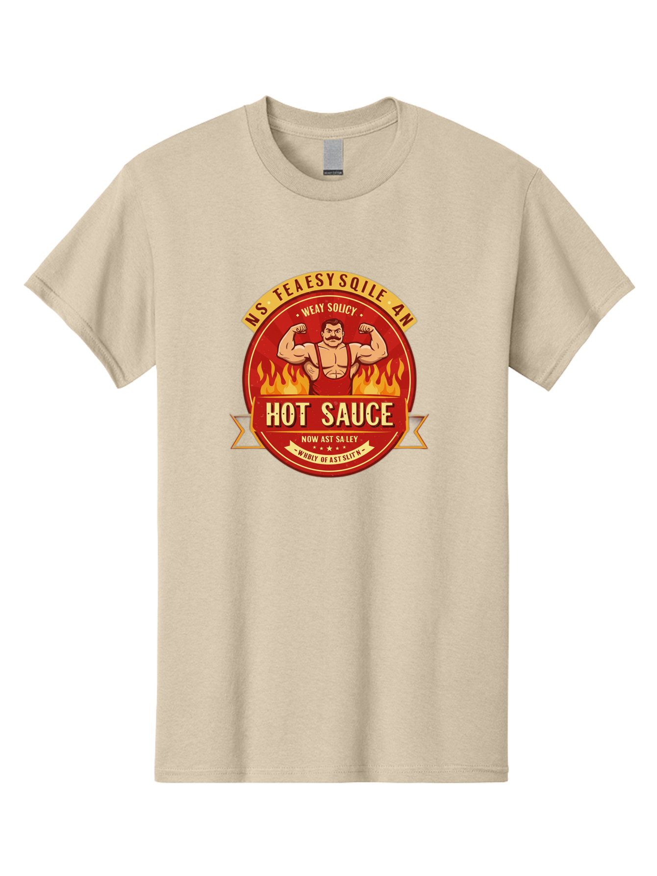 Ns-Feaesy-Sqile-An-Hot-Sauce Men'S Graphic Tee, 100% Cotton, Comfortable Casual Summer Wear, Machine Washable, Hot Sauce Label, Cartoon Strongman, Red And Yellow Design, Fiery Flames, Humorous Text, Playful Typography, Spicy Food, Bab047 27