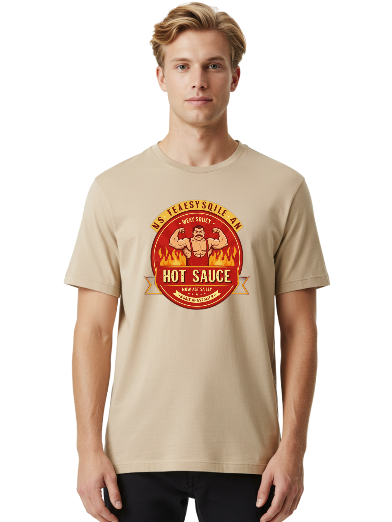 Ns-Feaesy-Sqile-An-Hot-Sauce Men'S Graphic Tee, 100% Cotton, Comfortable Casual Summer Wear, Machine Washable, Hot Sauce Label, Cartoon Strongman, Red And Yellow Design, Fiery Flames, Humorous Text, Playful Typography, Spicy Food, Bab047 28