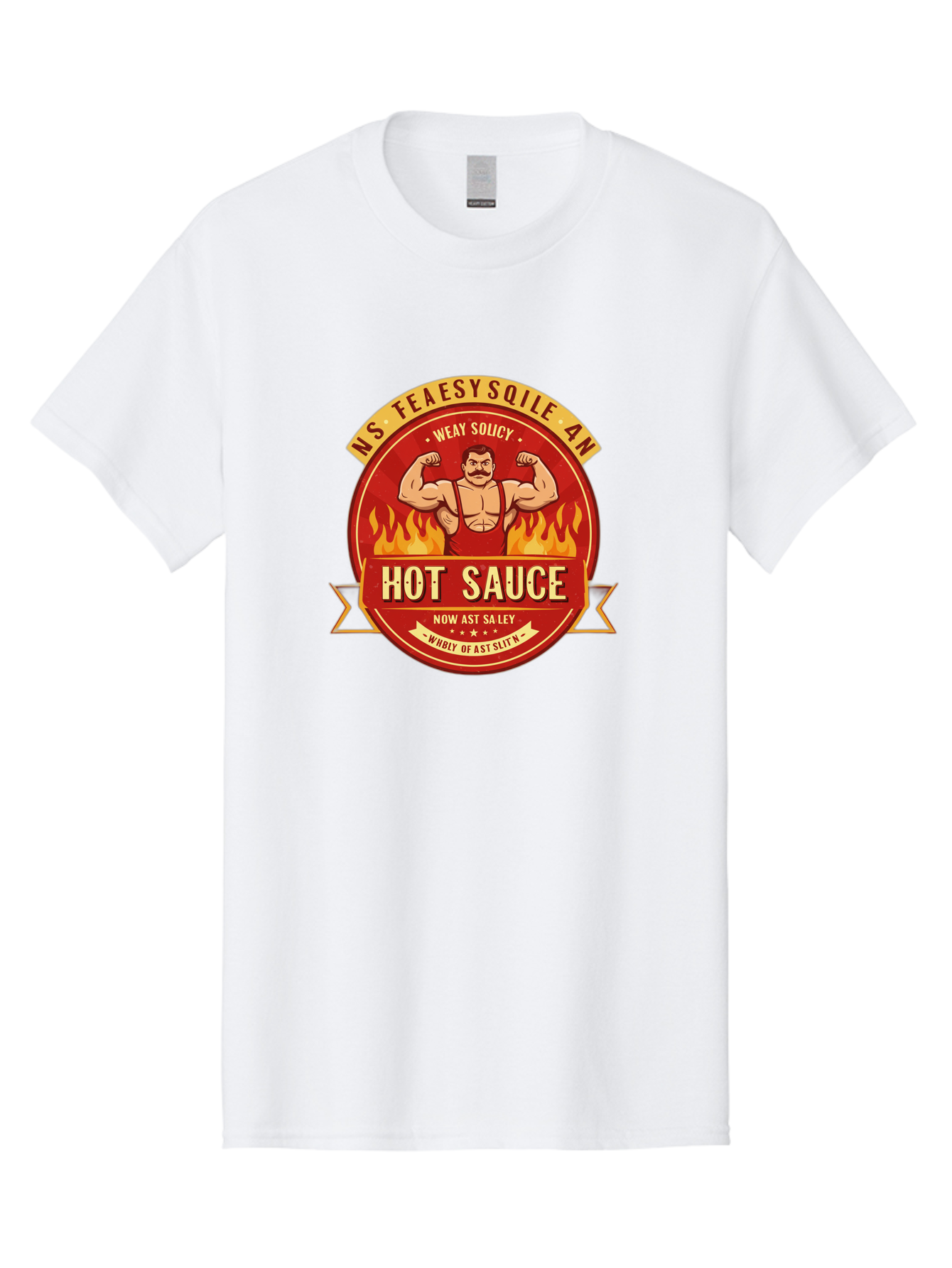 Ns-Feaesy-Sqile-An-Hot-Sauce Men'S Graphic Tee, 100% Cotton, Comfortable Casual Summer Wear, Machine Washable, Hot Sauce Label, Cartoon Strongman, Red And Yellow Design, Fiery Flames, Humorous Text, Playful Typography, Spicy Food, Bab047 15