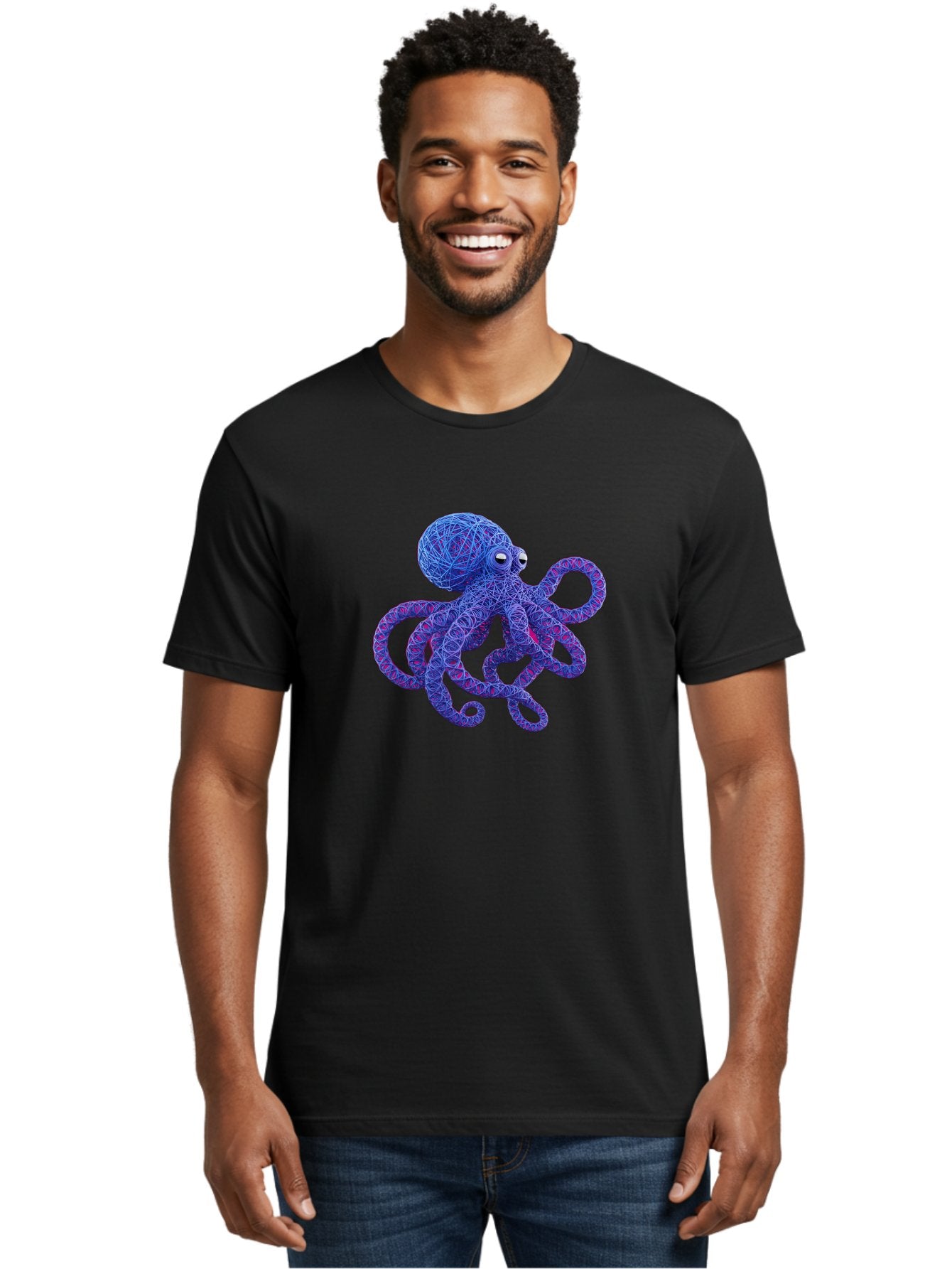 Octopus Men'S Graphic Tee, 100% Cotton, Comfortable Casual Summer Wear, Machine Washable, Colorful Octopus, String Art, Blue And Purple Hues, 3D Illustration, Whimsical Design, Underwater Creature, Artistic Representation, Creative Artwork, Bab049 28