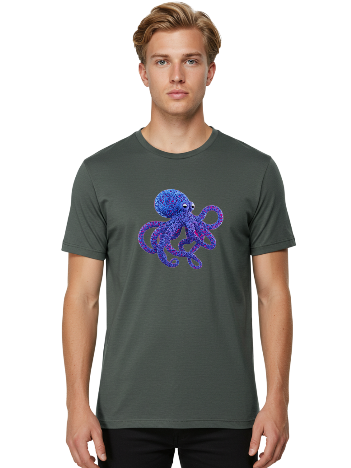 Octopus Men'S Graphic Tee, 100% Cotton, Comfortable Casual Summer Wear, Machine Washable, Colorful Octopus, String Art, Blue And Purple Hues, 3D Illustration, Whimsical Design, Underwater Creature, Artistic Representation, Creative Artwork, Bab049 16