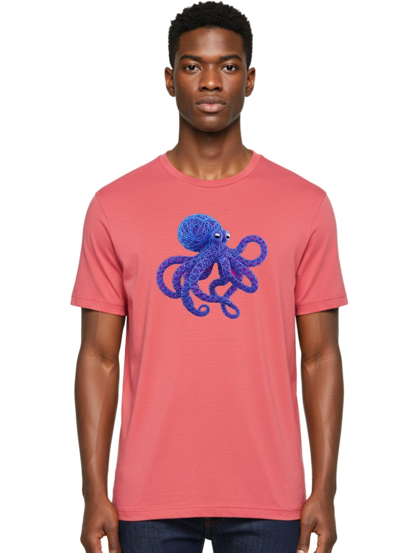 Octopus Men'S Graphic Tee, 100% Cotton, Comfortable Casual Summer Wear, Machine Washable, Colorful Octopus, String Art, Blue And Purple Hues, 3D Illustration, Whimsical Design, Underwater Creature, Artistic Representation, Creative Artwork, Bab049 25