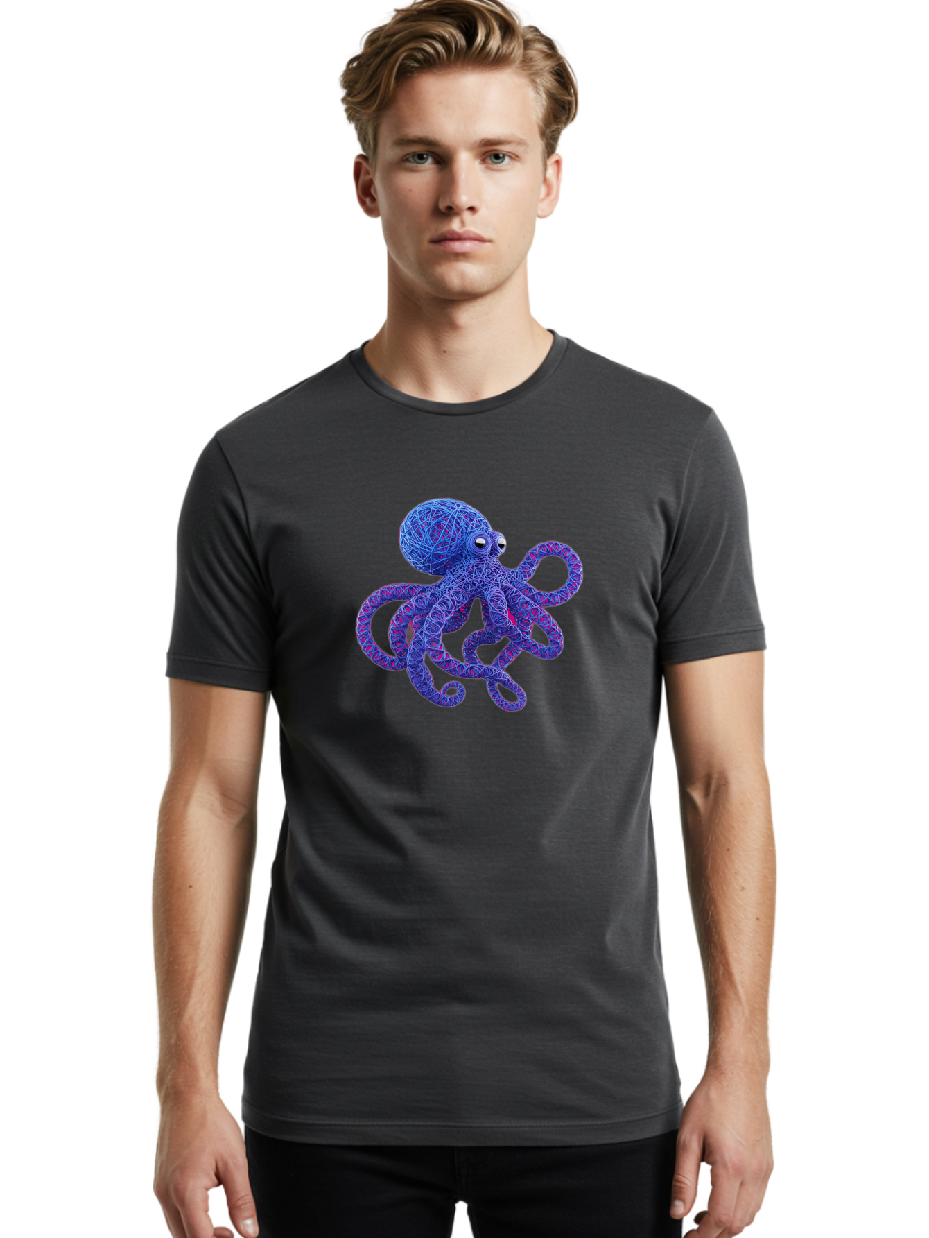 Octopus Men'S Graphic Tee, 100% Cotton, Comfortable Casual Summer Wear, Machine Washable, Colorful Octopus, String Art, Blue And Purple Hues, 3D Illustration, Whimsical Design, Underwater Creature, Artistic Representation, Creative Artwork, Bab049 20