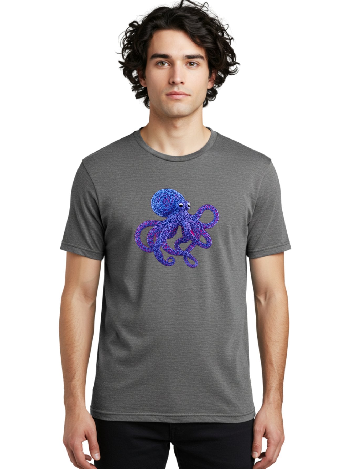 Octopus Men'S Graphic Tee, 100% Cotton, Comfortable Casual Summer Wear, Machine Washable, Colorful Octopus, String Art, Blue And Purple Hues, 3D Illustration, Whimsical Design, Underwater Creature, Artistic Representation, Creative Artwork, Bab049 24