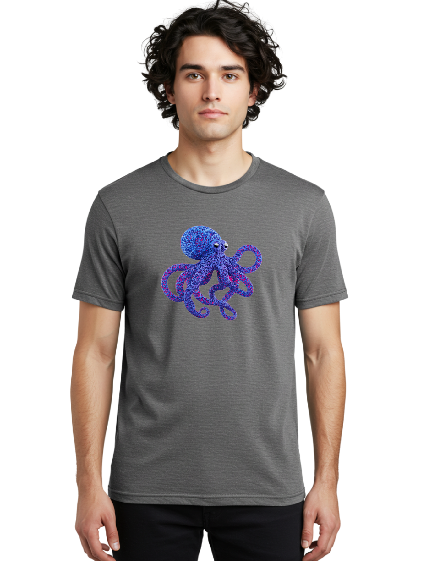 Octopus Men'S Graphic Tee, 100% Cotton, Comfortable Casual Summer Wear, Machine Washable, Colorful Octopus, String Art, Blue And Purple Hues, 3D Illustration, Whimsical Design, Underwater Creature, Artistic Representation, Creative Artwork, Bab049 14